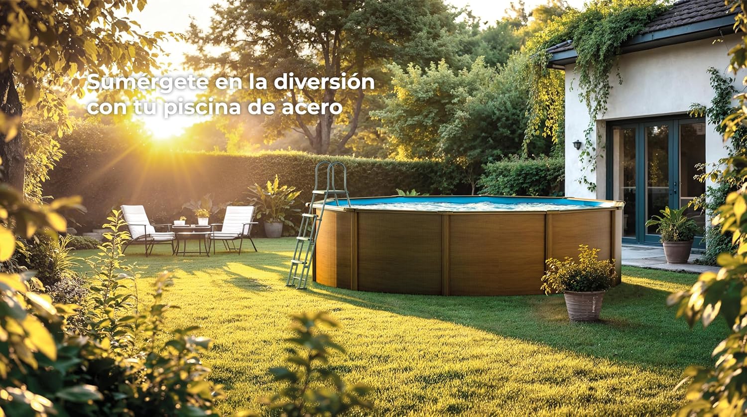 Piscina de Acero Elevada,Redonda con Aspecto Madera. Piscinas Desmontables para Jardín. 240 x 120 cm - Piscina Gre KIT240W Pacific.