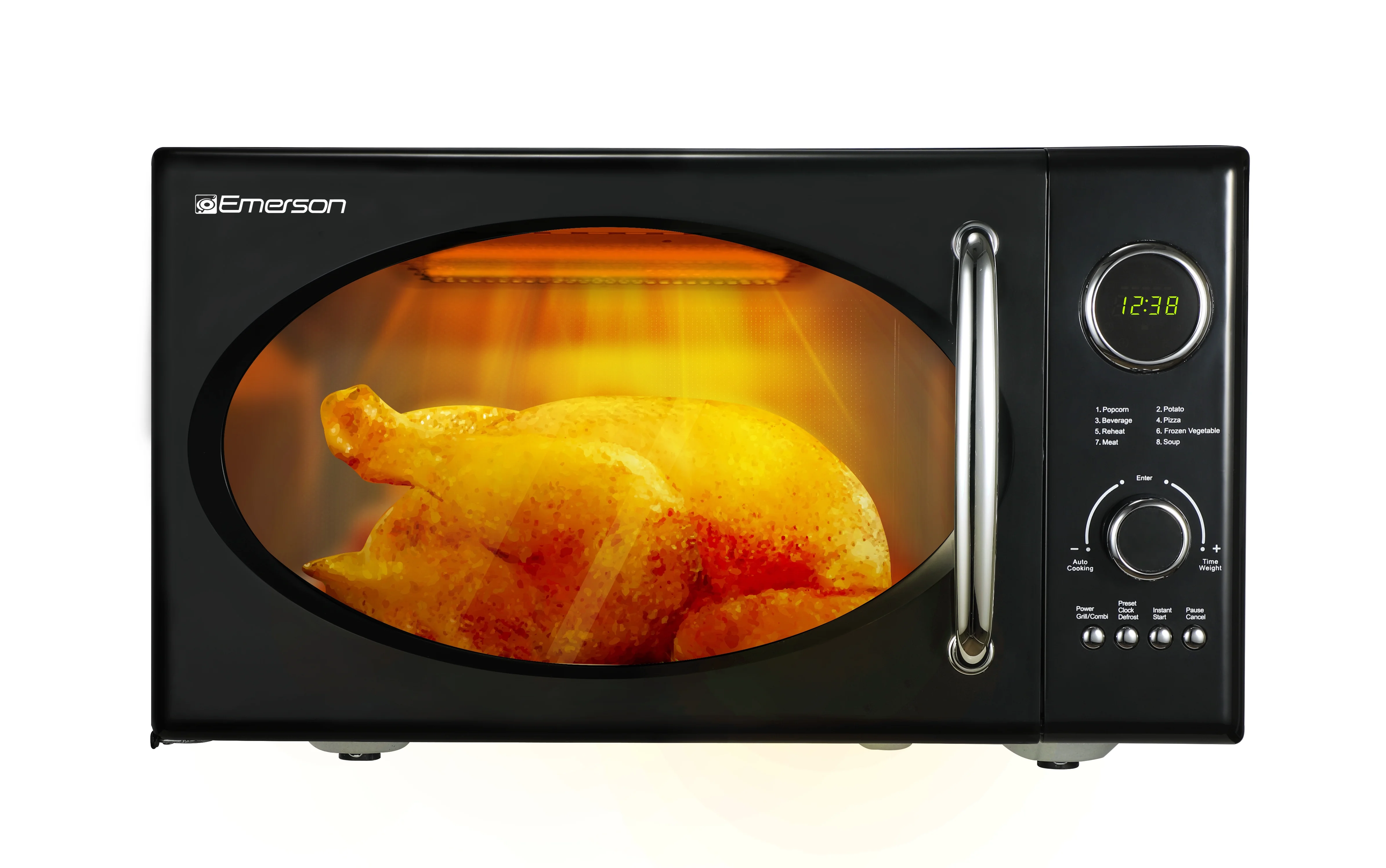 2025 Microondas retro negro Emerson 0,9 pies³ 800 W con función grill, modelo MWRG0901BK.
