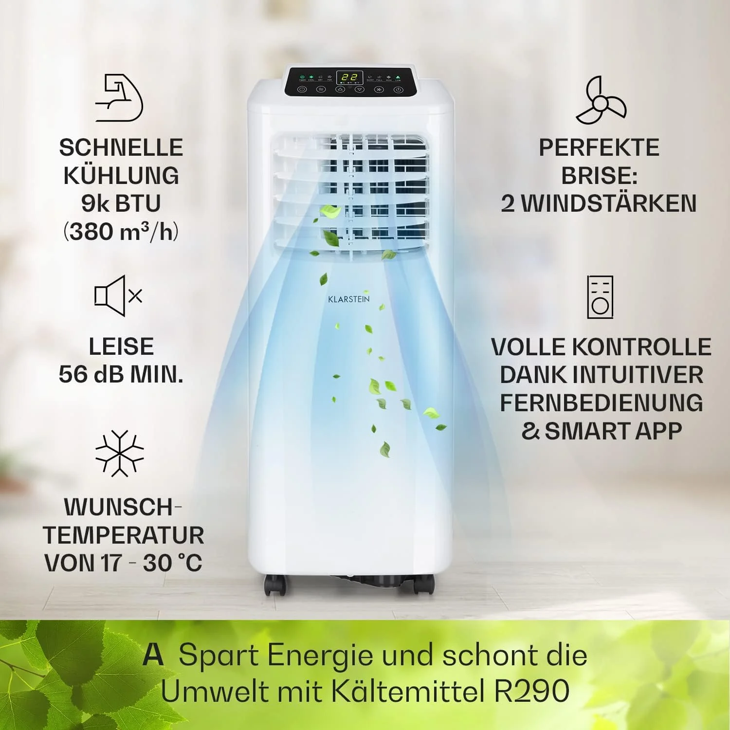 Klarstein Mobiele Airco met Afvoerslang, 3-in-1 Airconditioner met Ventilator & Luchtontvochtiger, Kleine & Draagbare Airco voor Thuis & op Kantoor, met Nachtmodus & App-bediening, 7000 BTU