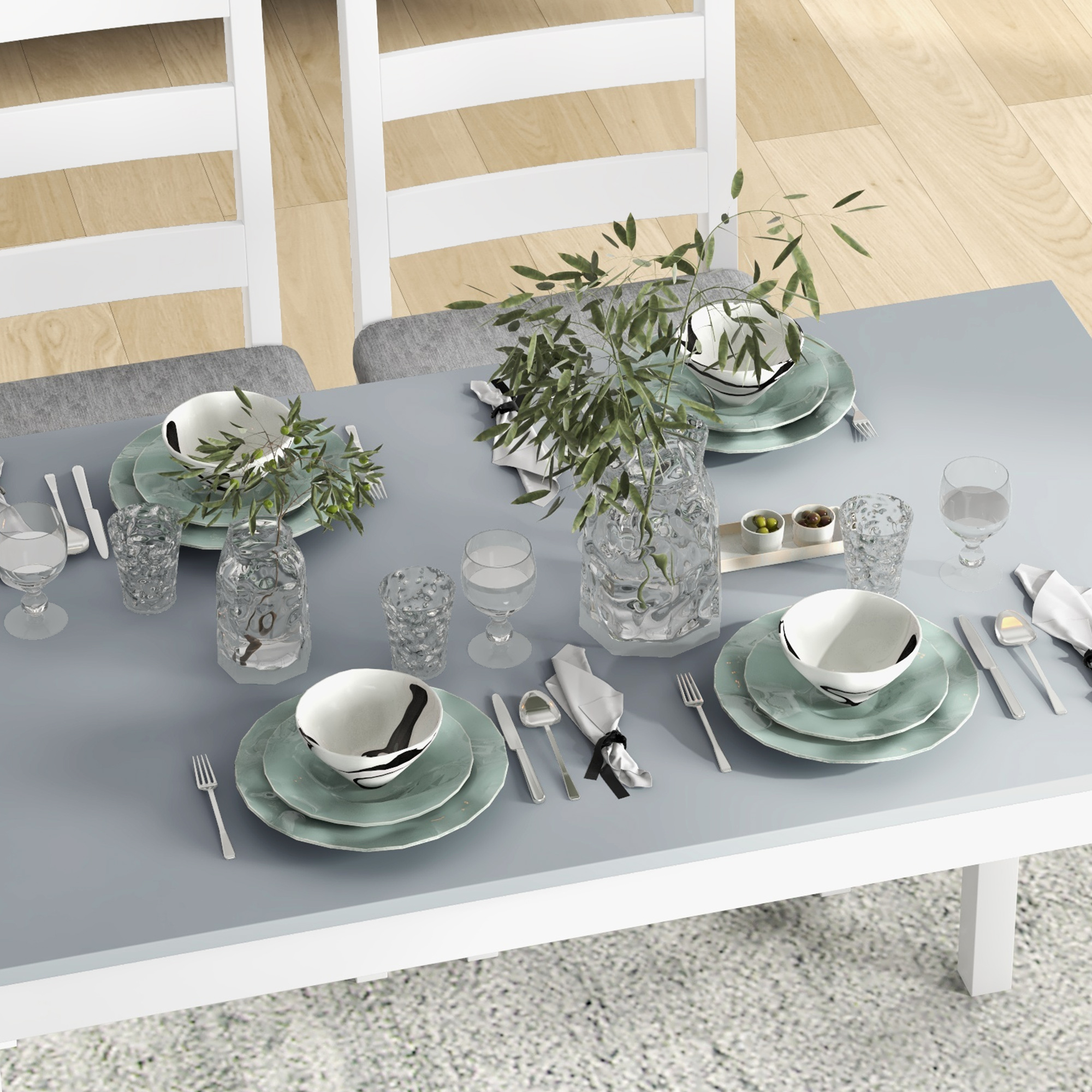 HOMCOM 4-delige eetset, 1 tafel, 1 bank, 2 stoelen, grijs+wit