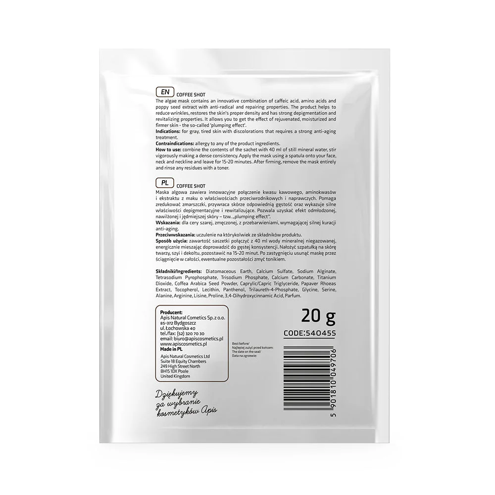 Coffee Face Mask | Apis Coffee Shot Bio-Revitalising Algae Mask with Coffee Acid & Arabica Beans 20g
