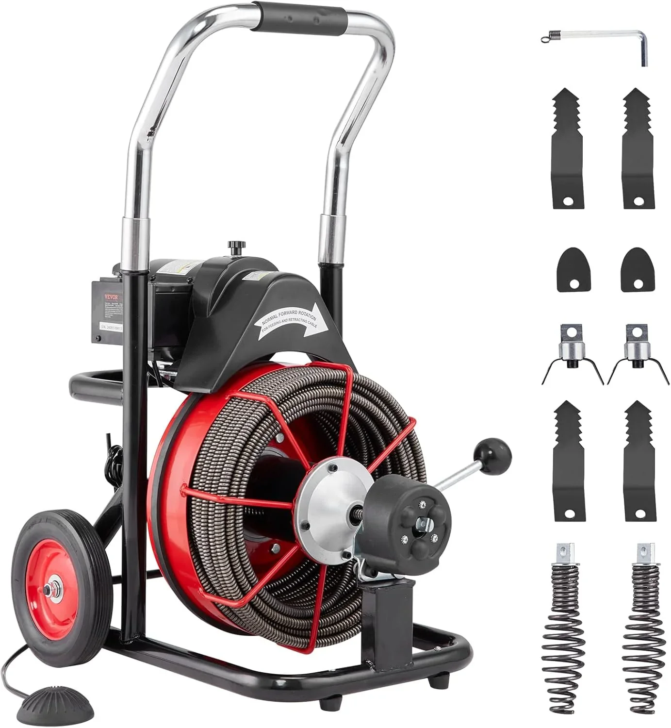 Drain Cleaner Machine 100FT x 1/2 Inch, Auto Feed Sewer Snake Auger on Wheels, 550W Portable Drain Cleaning Machine with 8 Cutters & Air-activated Foot for 2