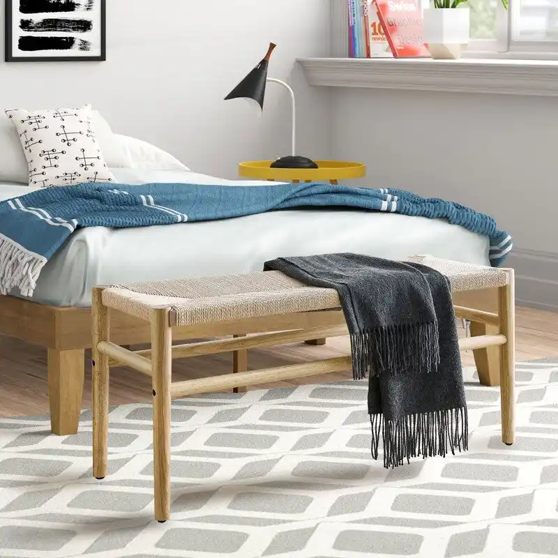 Mieres Boho-Inspired Solid Wood Bench with Woven Rope Seat - Mid-Century Modern Indoor Ottoman with Rubber Wood Legs for Home Office