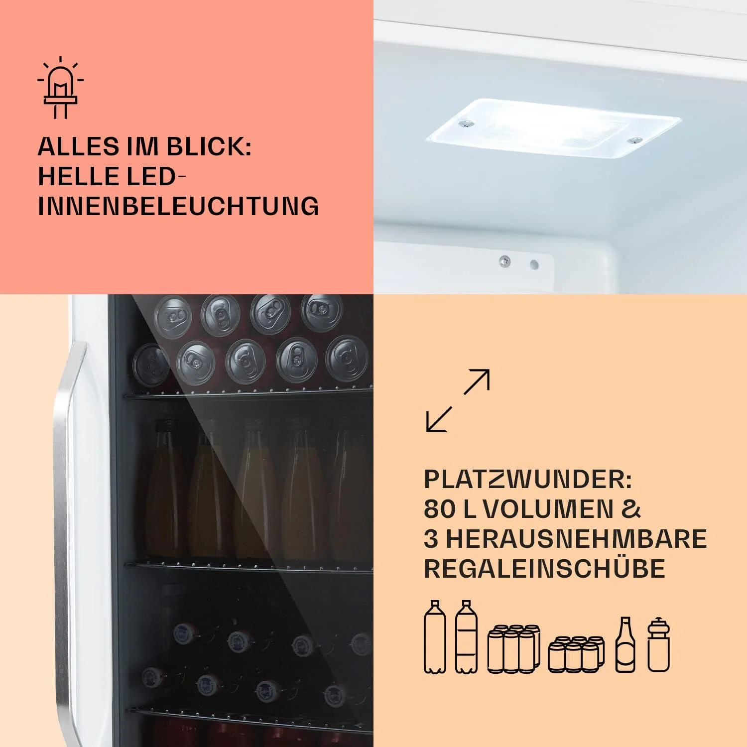 Klarstein Mini Koelkast met Glazen Deur voor Kamer, Drankenkoelkast met Verstelbare Planken, Klein 80 Liter, Indoor/Outdoor Koelkast Stil