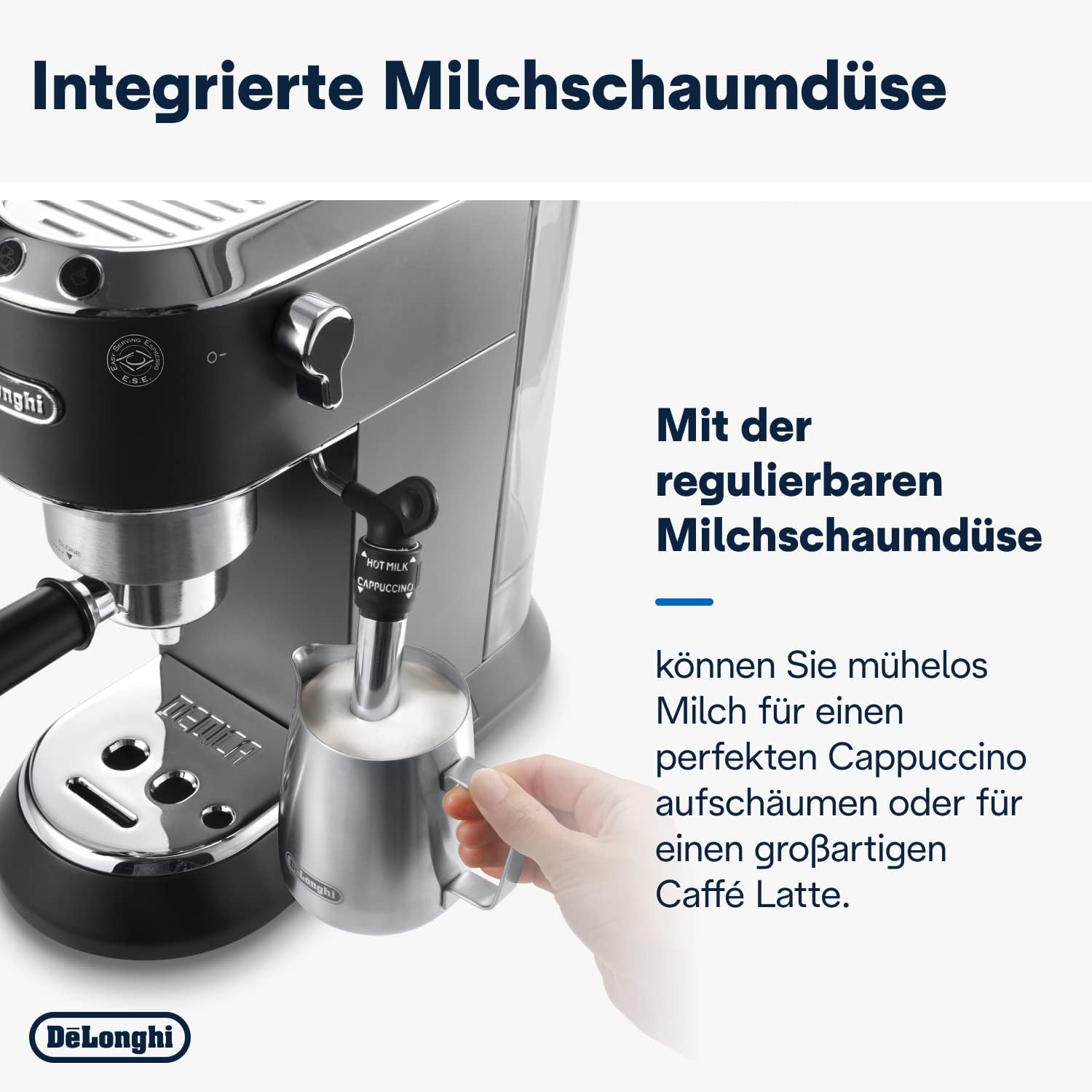 De'Longhi Dedica Style EC 685.M – Espresso Siebtrgermaschine, Espressomaschine mit professionellem Milchaufschumer, nur 15 cm breit, für Kaffeepulver oder ESE Pads, 1 l Wassertank, silber
