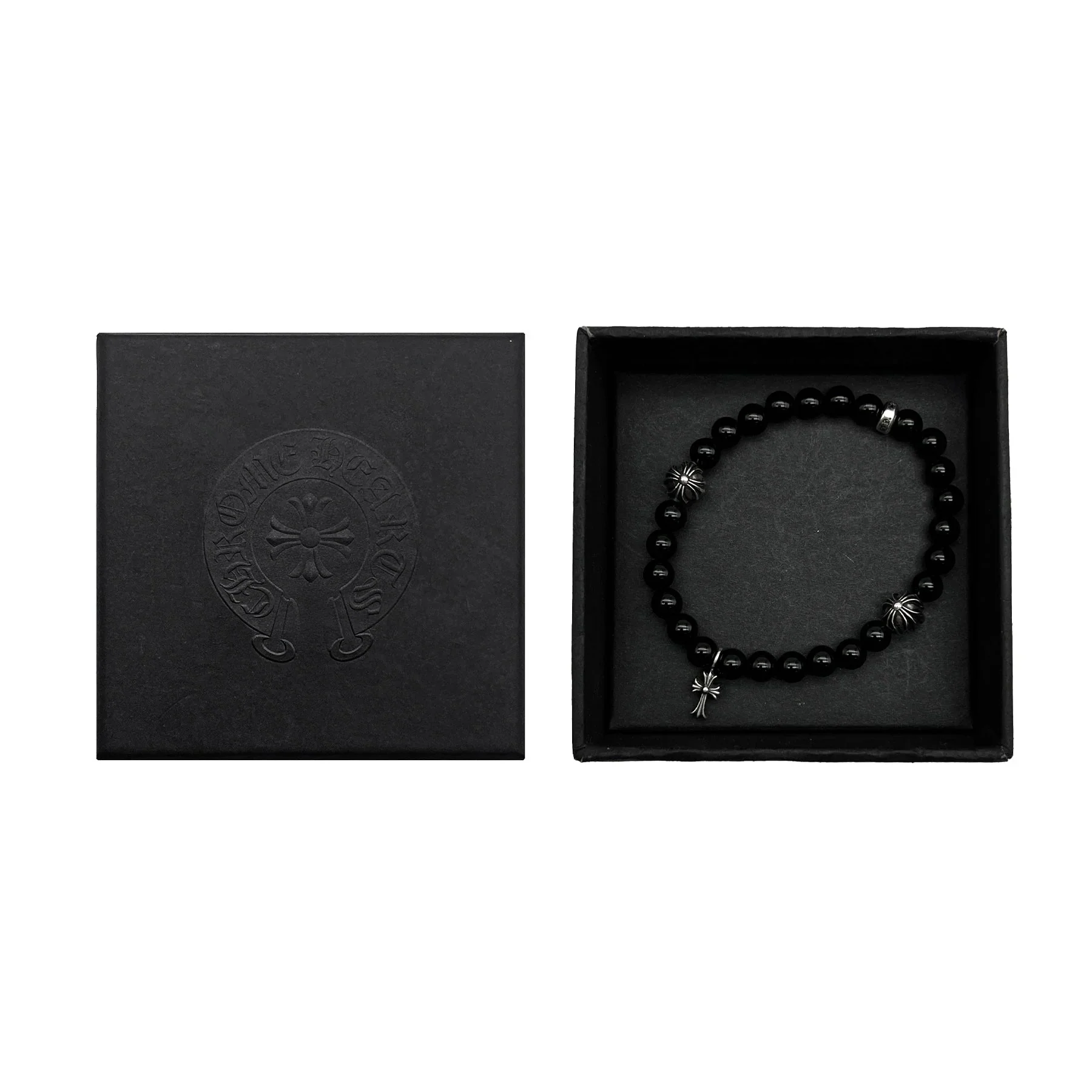 Chrome Hearts Jewely 6mm Obsidian Silver Cross Beaded Bracelet
