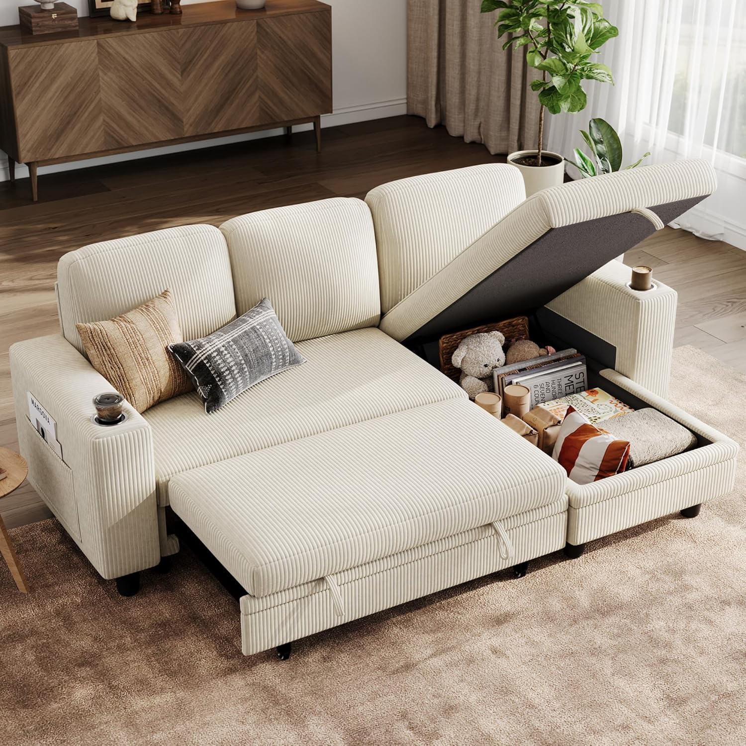 LINSY HOME Schlafsofa Ausziehbarer Couch, Ecksofa mit Schlaffunktion, Stauraum, Cord-Bezug L-Form Modulare Sofas mit Chaiselongue für Wohnzimmer und Wohnungen (Beige, L-Form)