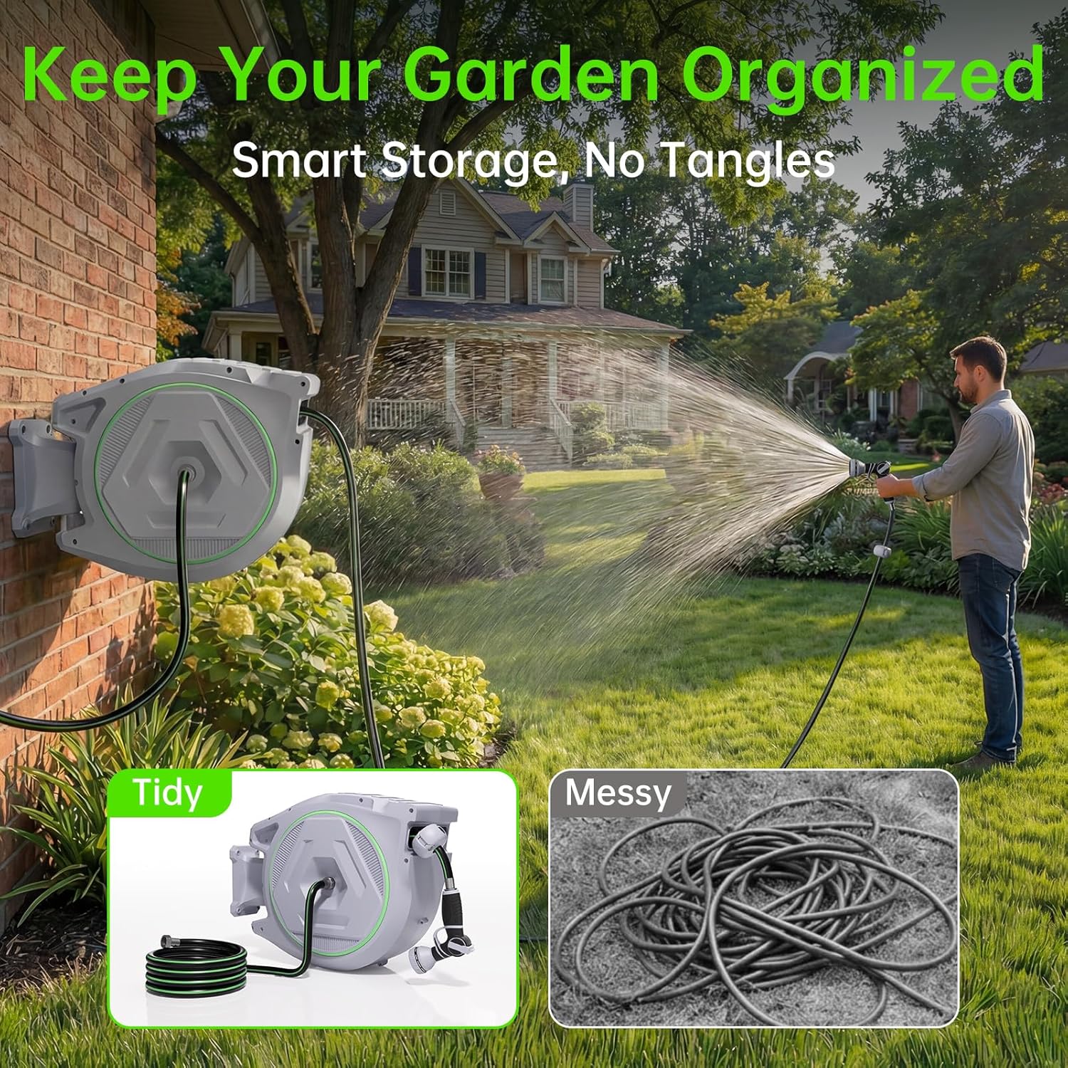 Retractable Garden Hose Reel 5/8 in x 100 ft  Heavy Duty Wall Mounted Water Hose Reel with 9-Pattern Nozzle  Any Length Lock  Automatic Slow Return System  180�� Swivel Bracket  UV Resistant
