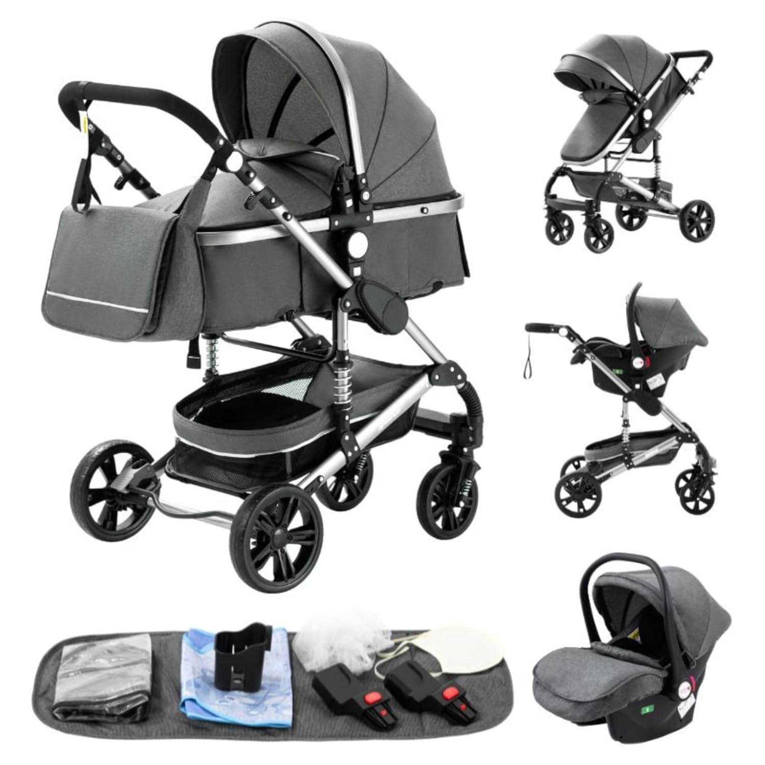 YAZOCO kinderwagen 3 in 1 Buggy Babybett Komplett Set Einem Klick Zusammenklappbarer Kinderwagen, KombiKinderwagen Aluminiumrahmen für Neugeborene (Schwarz)