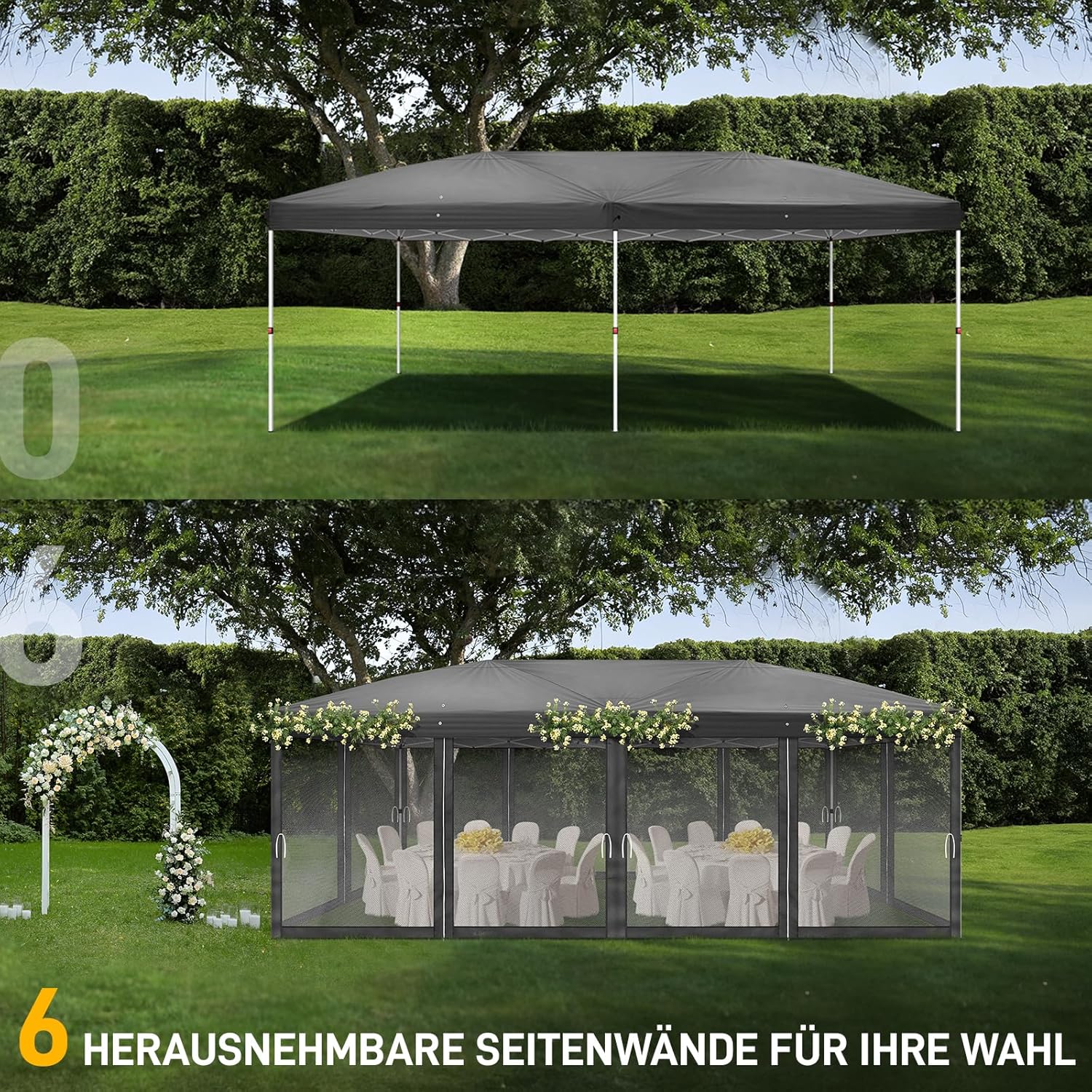 LEADZM Cenador plegable de 3 x 6 m, impermeable, protección UV 50+, altura regulable con 6 mosquiteras, estable, ideal para jardín, terraza, camping y uso comercial, antracita
