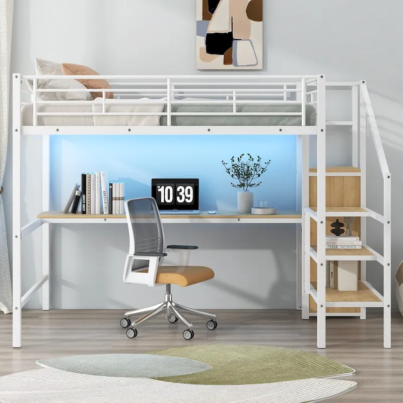 Complete Loft Bed Set with Desk, Storage Staircase, Compact Wardrobe, and LED Lighting