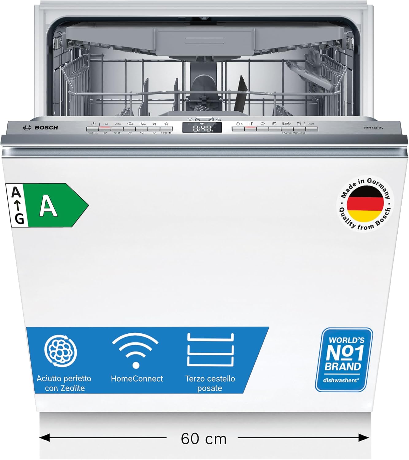 Bosch SMV6YCX02E Serie 6, Lavastoviglie Smart da incasso a scomparsa totale, Cestelli adattabili, Asciugatura con Zeolite, Indicatore lavaggio a pavimento, Acciaio a ridotte emissioni, 60 cm.