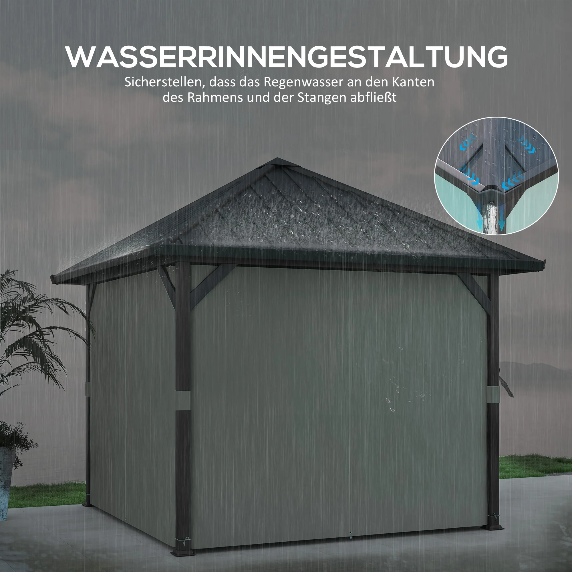 Outsunny 3 x 3m Harddak Paviljoen, Tuinpaviljoen met Metalen Dak, Waterbestendig Tuinzelt met Net en Zijwanden, Donkergrijs