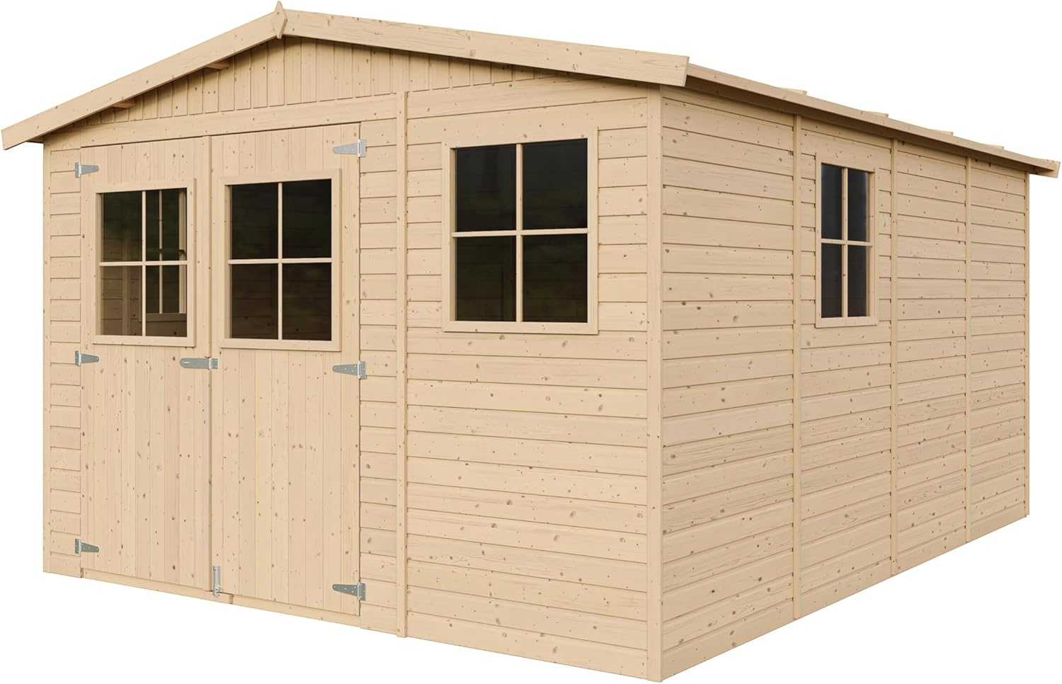 Wooden Garden Shed with Treated Floor – 324 x 416 cm/12 m² Natural Wood Shed – Garden Workshop – Bicycle, Tool Storage TIMBELA M336+M336G