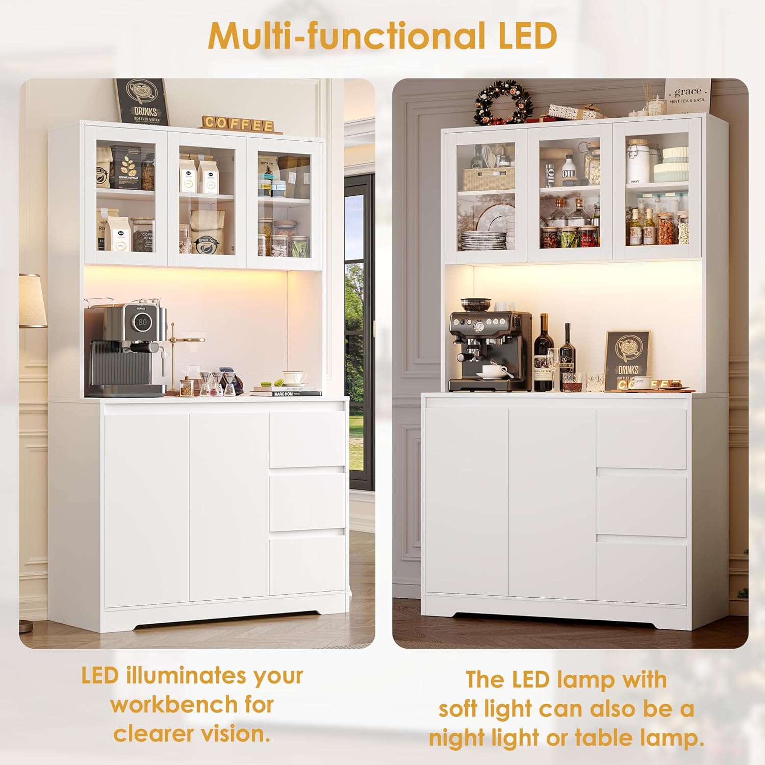 FirFurd Küchenschrank Buffetschrank mit LED Sideboard für Küche mit Steckdosenleiste Küchenschrank mit Arbeitsplatte und 3 Schubladen Küchenbuffet mit Verstellbares Regal 180x100x38.5 cm weiß