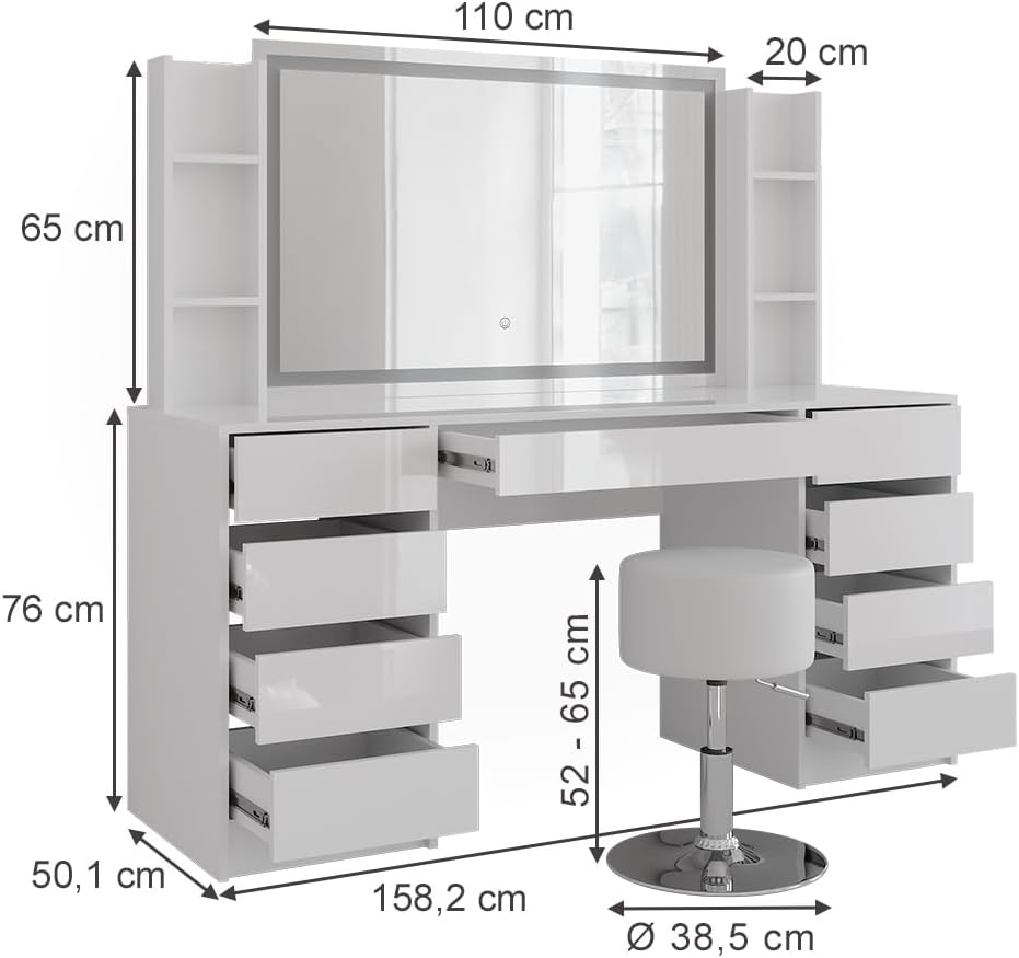 Vicco Schminktisch Sherry, Weiß/Weiß Hochglanz, 158.2 cm 5 Teile, mit LED-Beleuchtung und gepolsterter Sitzbank