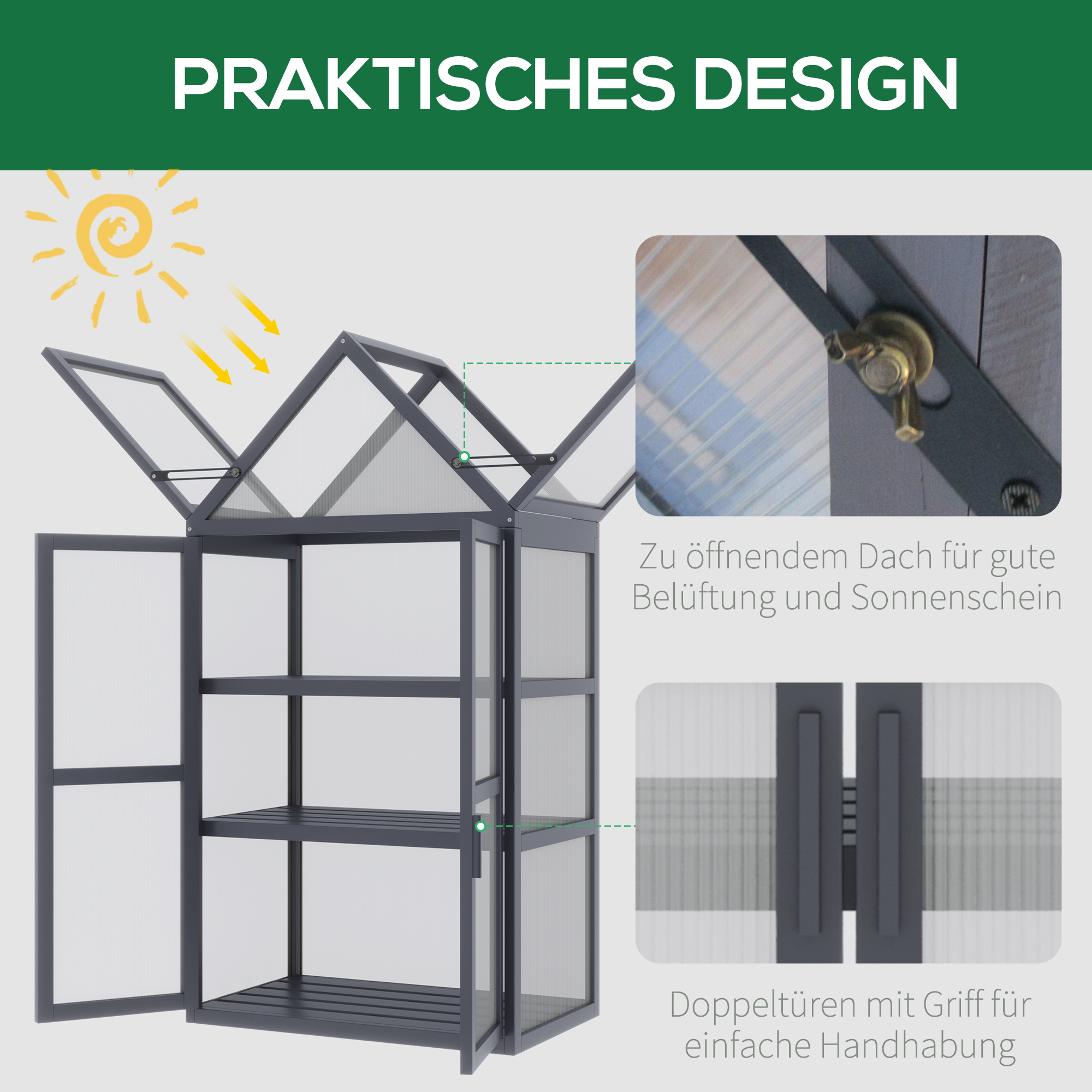 Outsunny kas met 3 planken, massief hout, behuizing van polycarbonaat, grijs, 70,5 x 42 x 132 cm