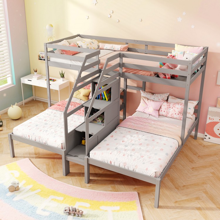 Twin Over Twin and Twin Bunk Bed with Storage Staircase and Guardrail for 3 Kids Teens