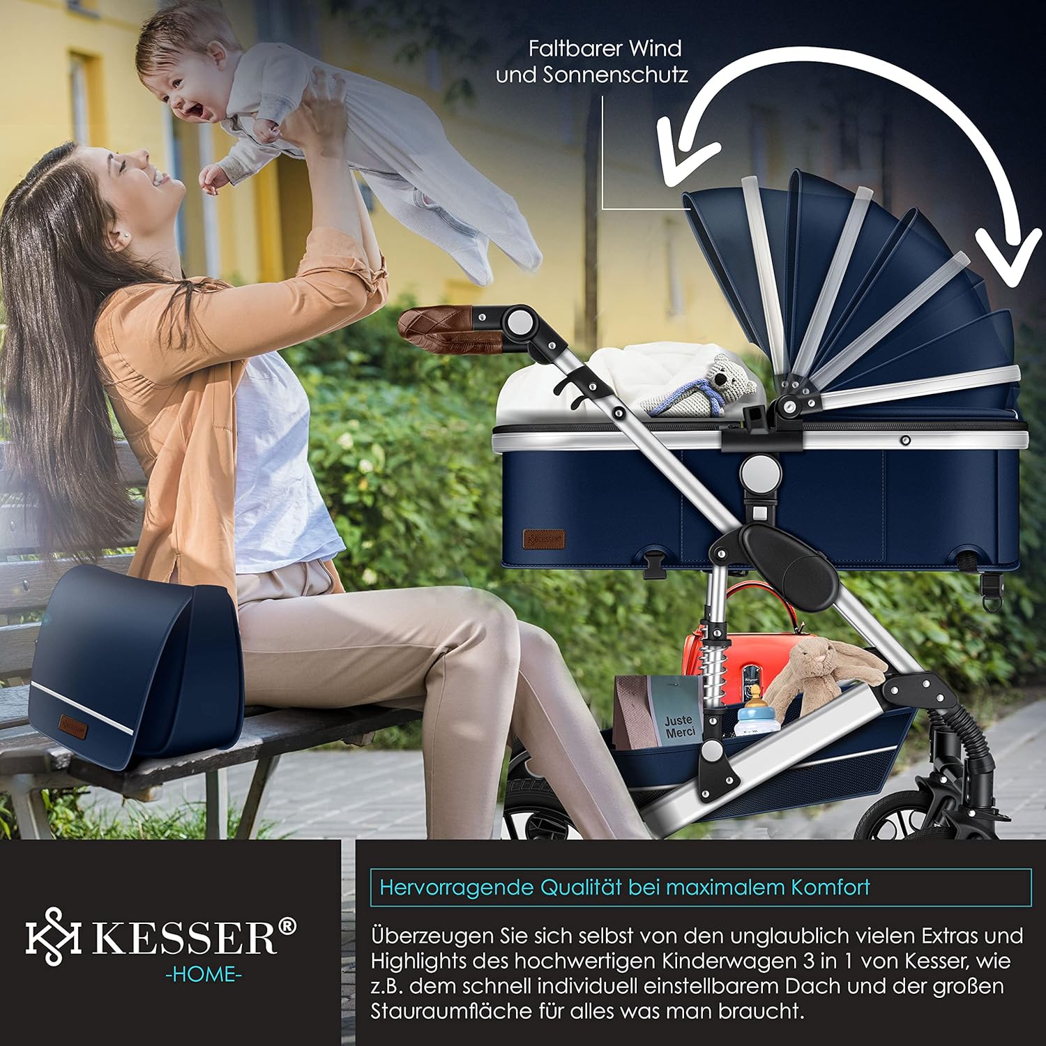KESSER® Loops 3 in 1 Kinderwagen Kombikinderwagen Komplett-Set inkl. Babywanne & Buggy Sportsitz & Auto-Babyschale Voll-Gummireifen Wickeltasche Regenschutz Kindertisch ECE R129, Grau/Silber