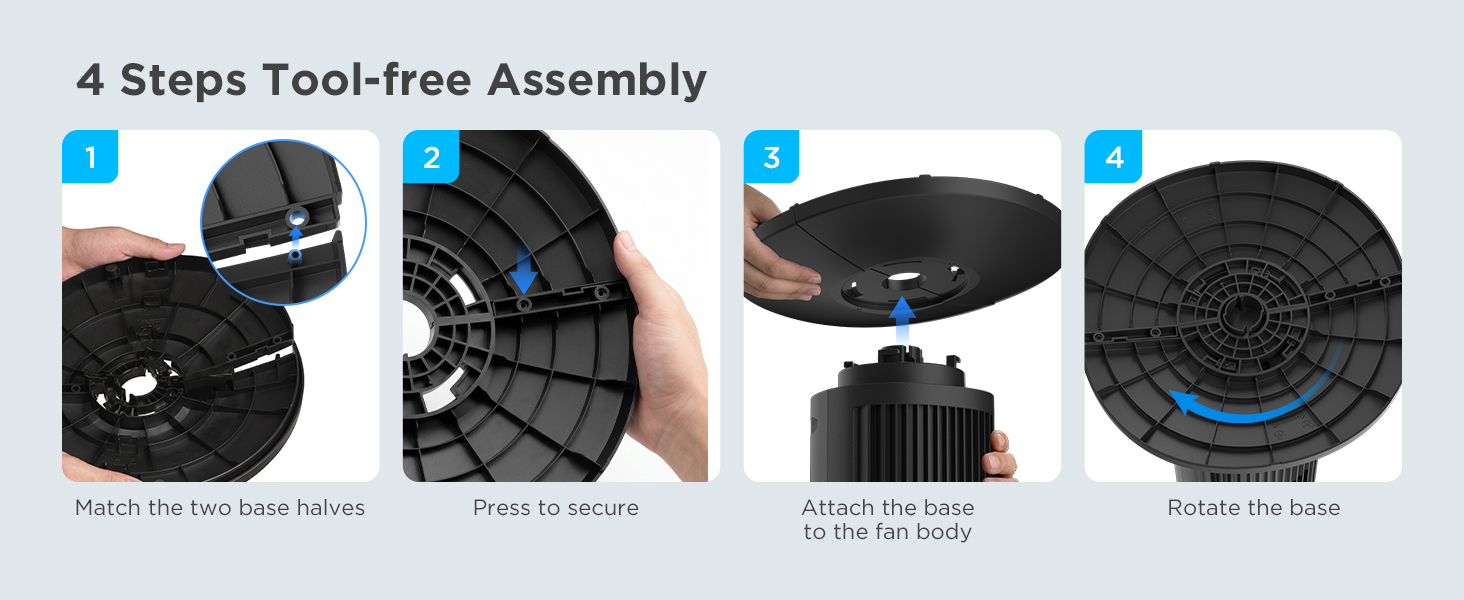 Text reads '4 Steps Tool-free Assembly'. Four sequential assembly instruction panels showing black components being installed into a circular black fixture or speaker with textured surface.