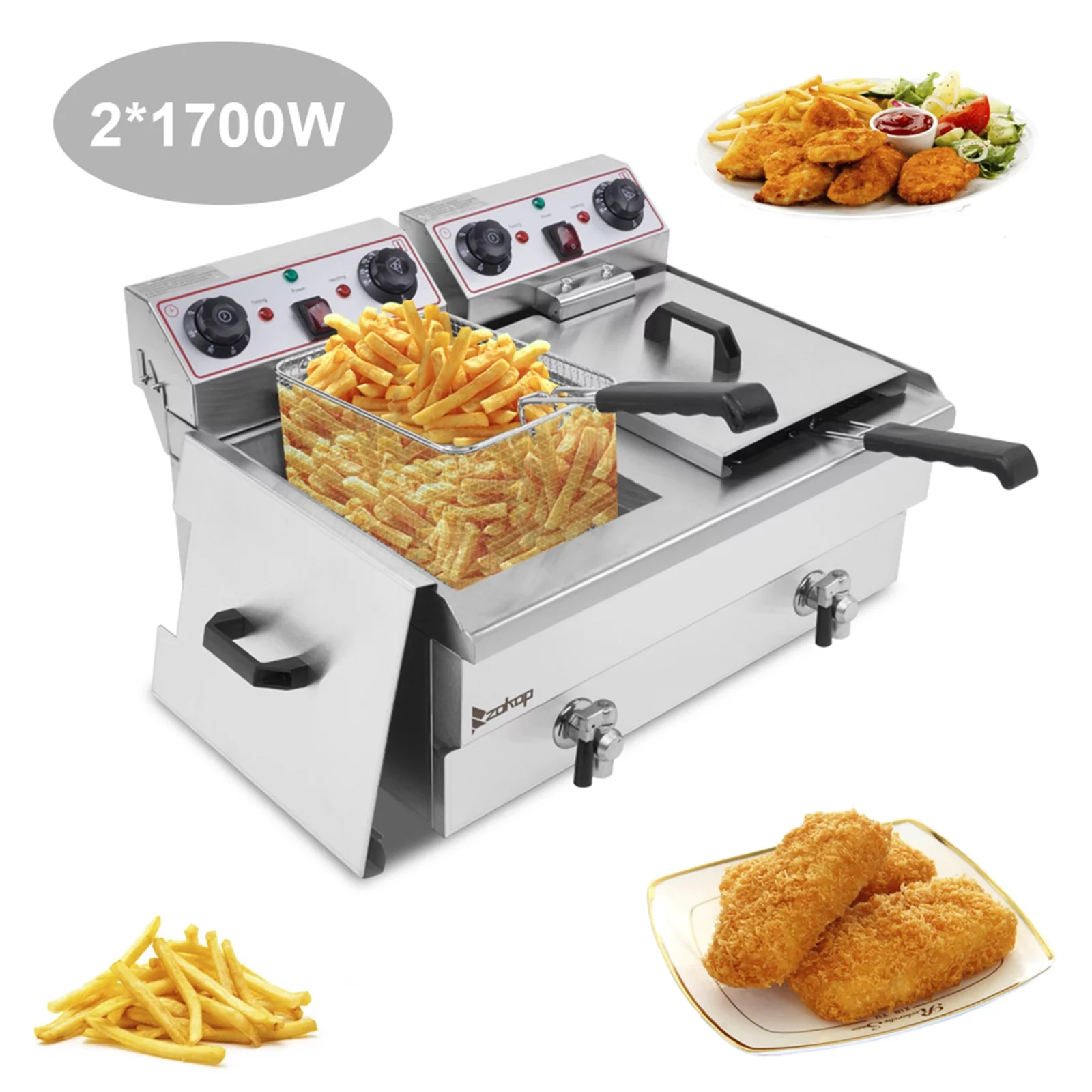 2025 Elektrische Dubbele Friteuse EH102V van 16,9QT in Roestvrij Staal, 3400W MAX (8L + 8L Capaciteit) - Grote Handgreep, Ideaal voor Fans van de ??Big Blue?? Stijl