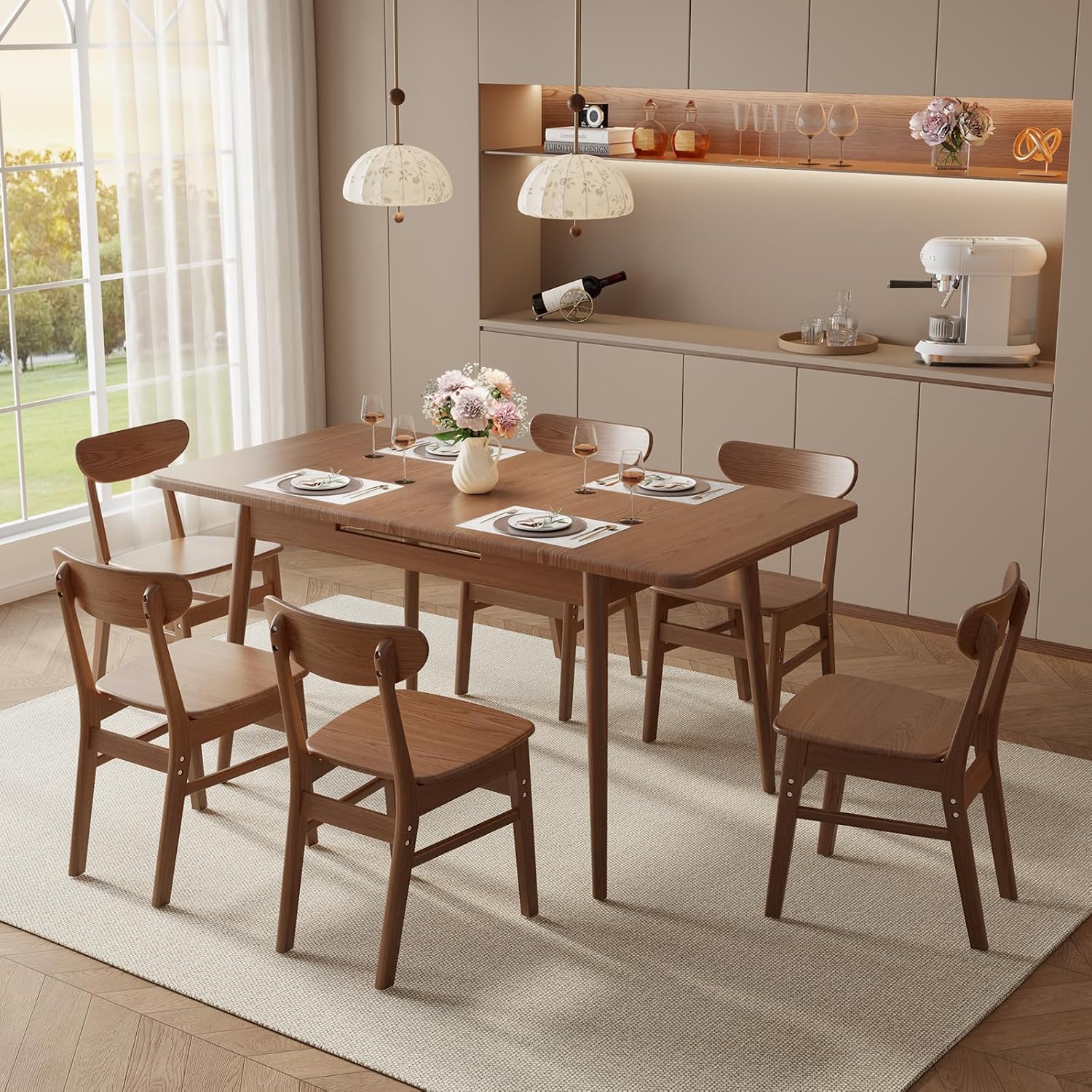 Solid Wood Extendable Dining Table for 4-8 People with Seamless Extension from 47.2 to 63 Inches, Easy Assembly, Expandable Tables for Small Spaces, Dining Room, Kitchen, Living Room, Walnut