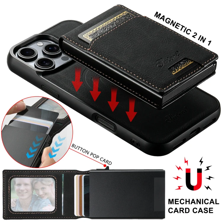 Suteni H19 Litchi Grain 2-in-1 MagSafe Removable Card Box Back Phone Case, For iPhone 12 Pro, For iPhone 17e / 16e