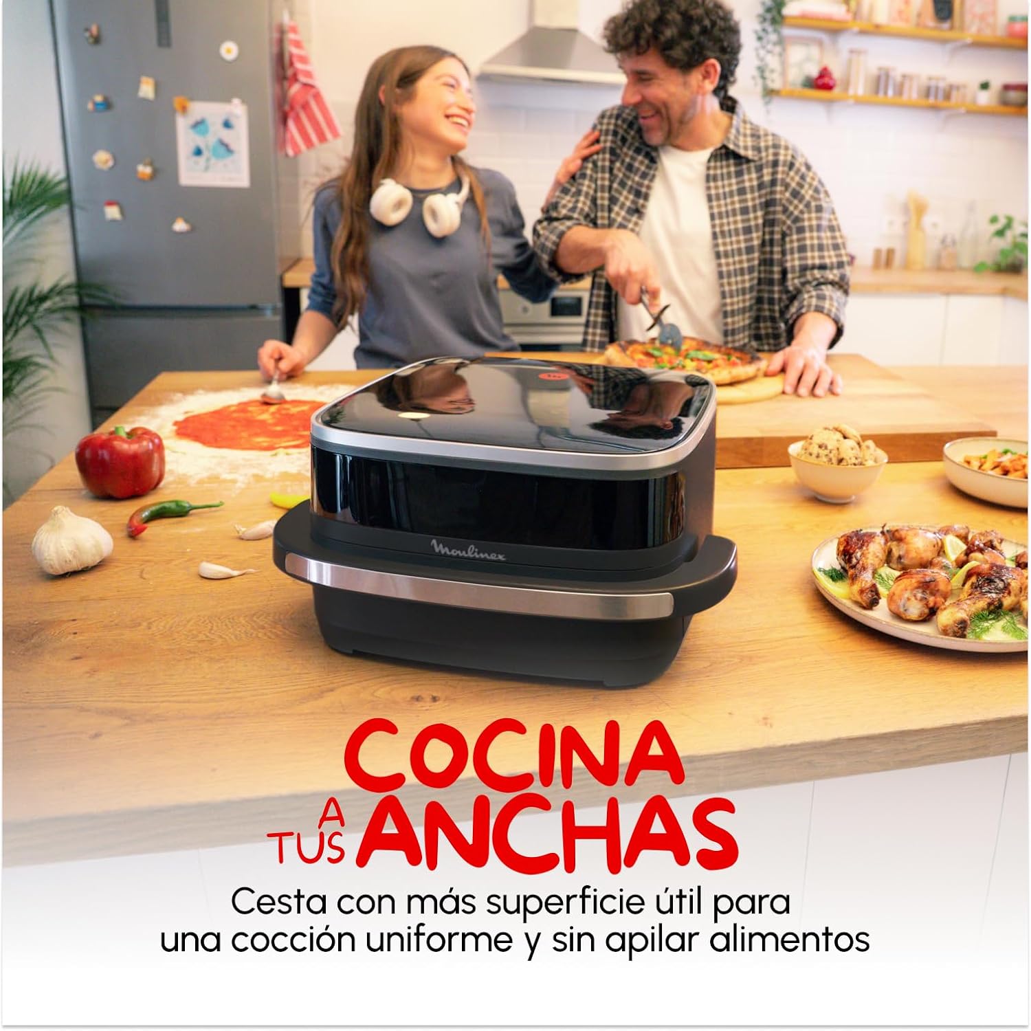 Moulinex Easy Fry XL Surface Air Fryer, 2200 W, Double Resistance, Uniform Cooking, Wide Basket, 10 Automatic Programs, Pizza Oven, Compact Design, Display Window, AL4018