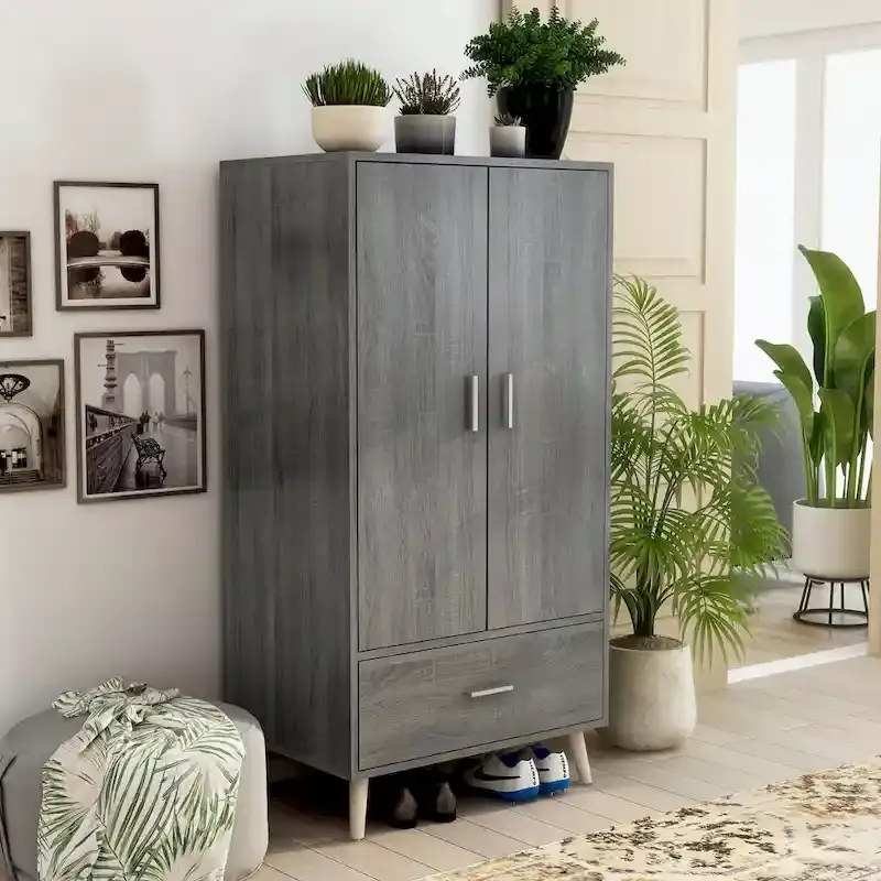 Denhour Mid-Century Modern Distressed Grey 1-Drawer Wardrobe Armoire