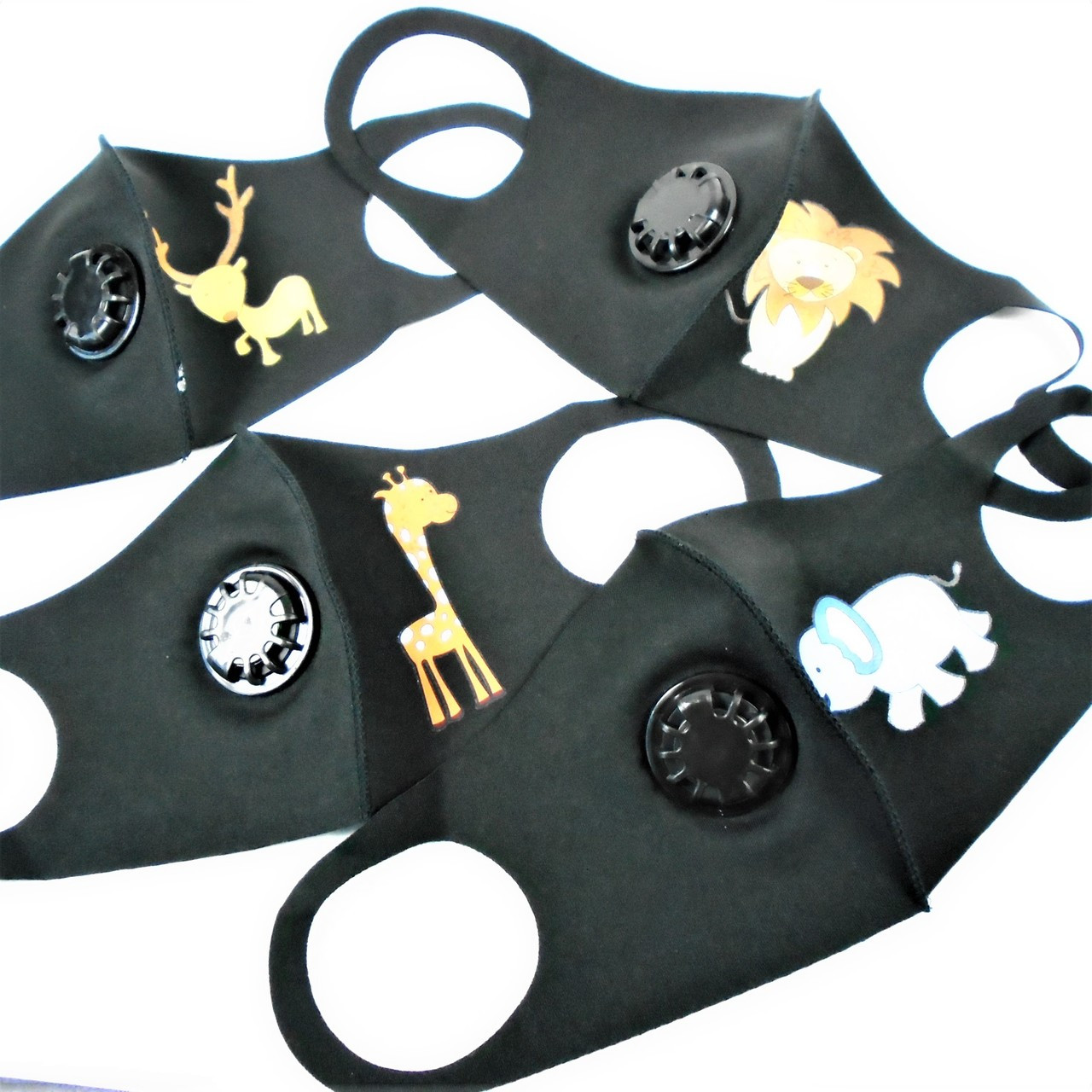 Black Face Masks for Kids  Vent Included Neoprene w/ Animal Print 12 PACK 70001BMV