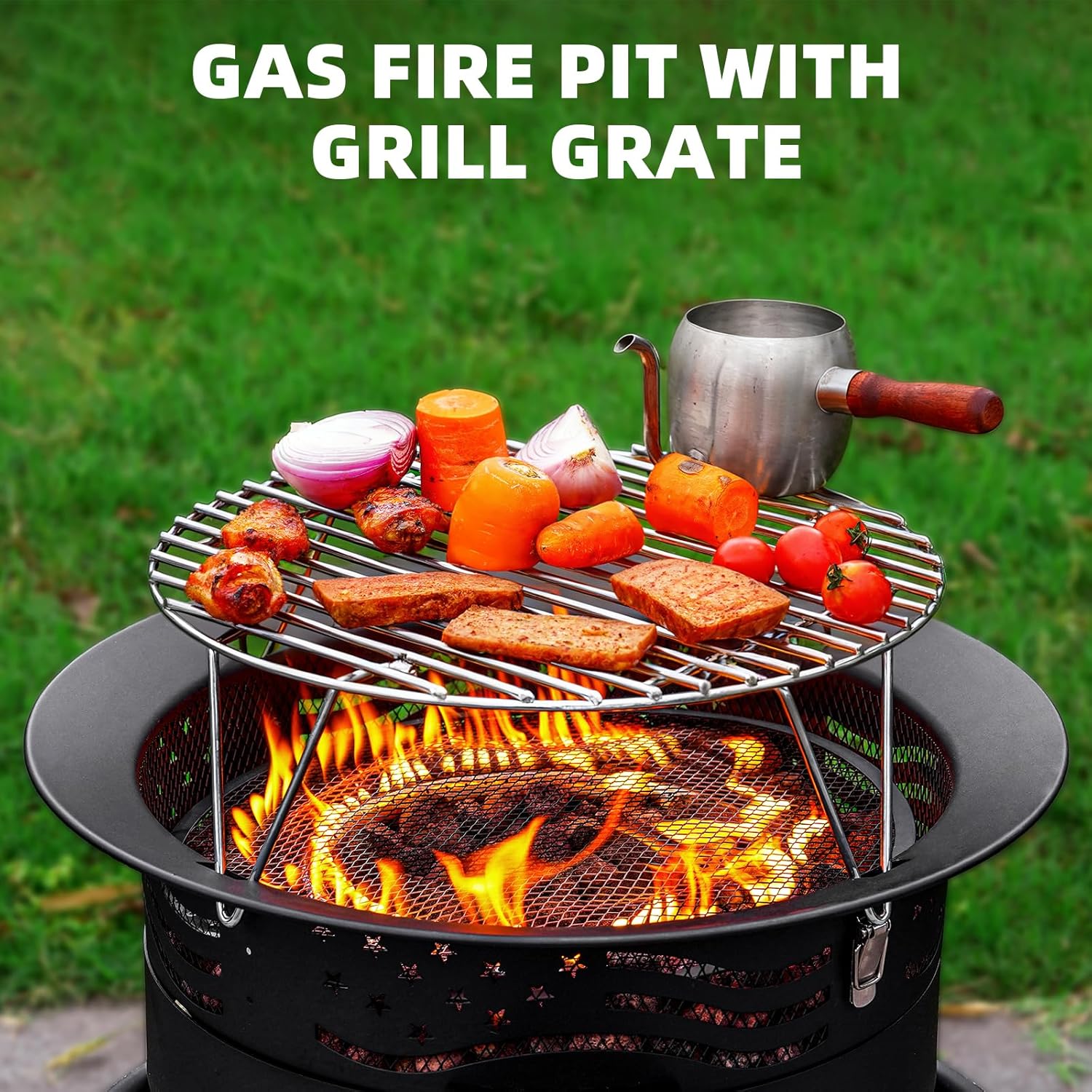 Portable Propane Fire Pit, 24 Inch Smokeless Gas Fire Pit Bowl for Outside, 60,000 BTU Outdoor Firepit with Grill Grate & Lid for Camping, Patio, Yard, Garden