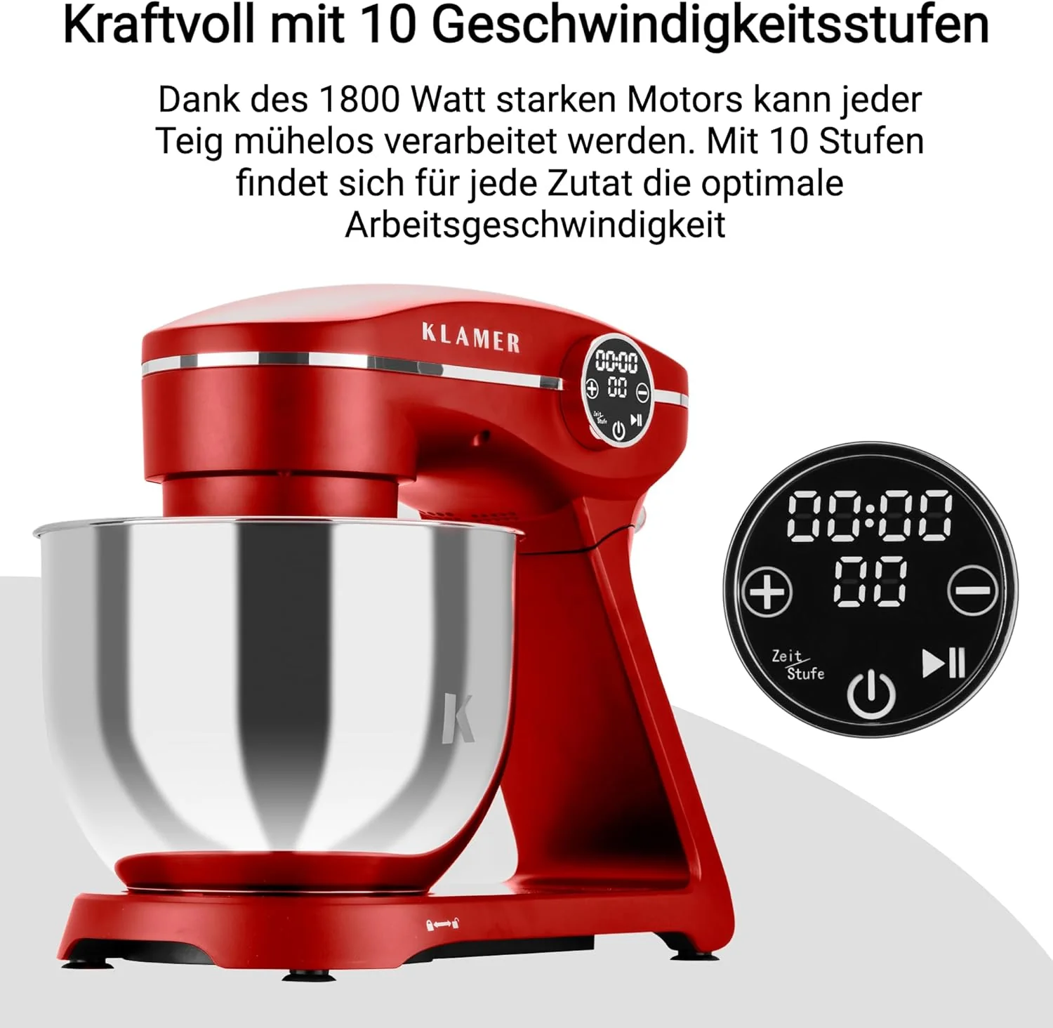 KLAMER Keukenmachine 1800W, Kneedmachine met 6 Liter RVS Kom, 10 Snelheidsstanden met Timer, Klopper, Deeghaak, Garde en Spatdeksel