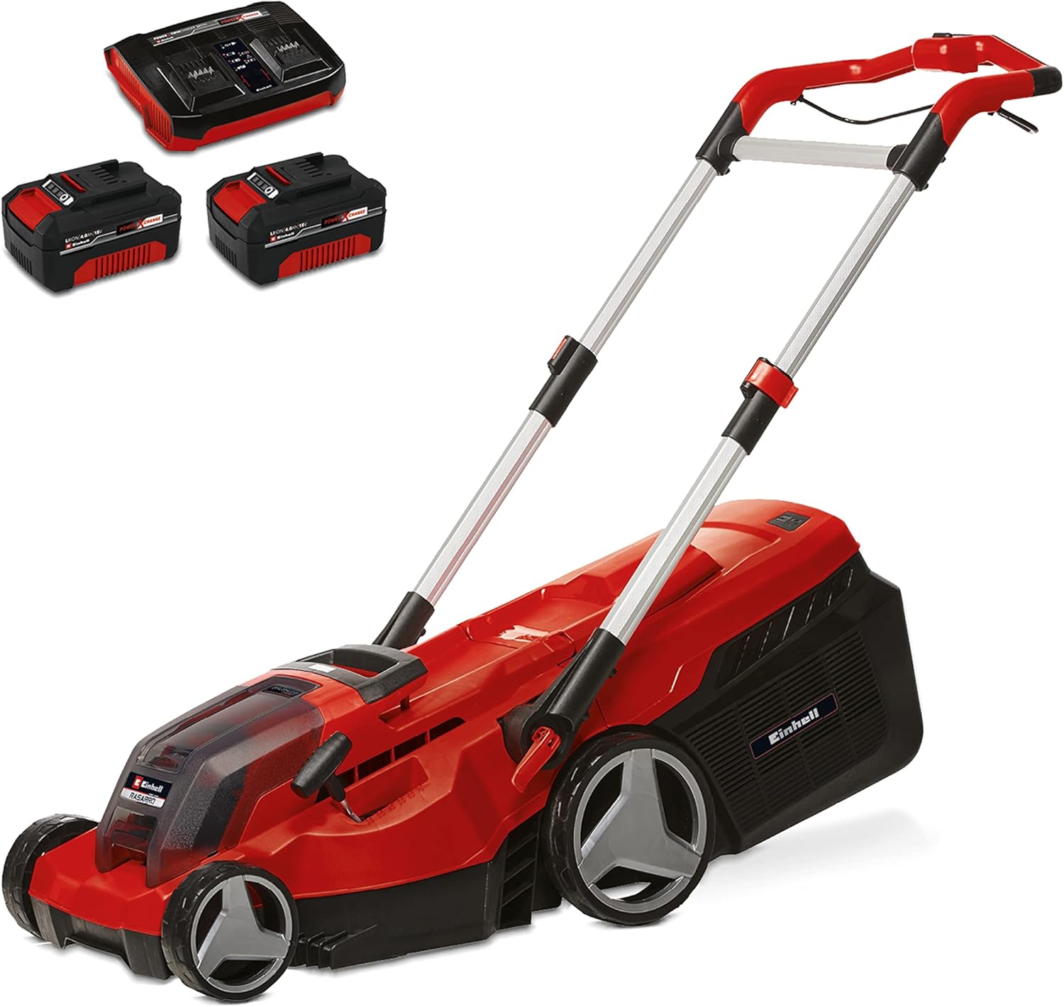 Einhell Akku-Rasenmher RASARRO 36/38 Kit Power X-Change (36 V, 38 cm Schnittbreite, 450 m, Brushless, Mulchfunktion, 45L Fangkorb, inkl. 2x 4,0 Ah Akkus + Twincharger)