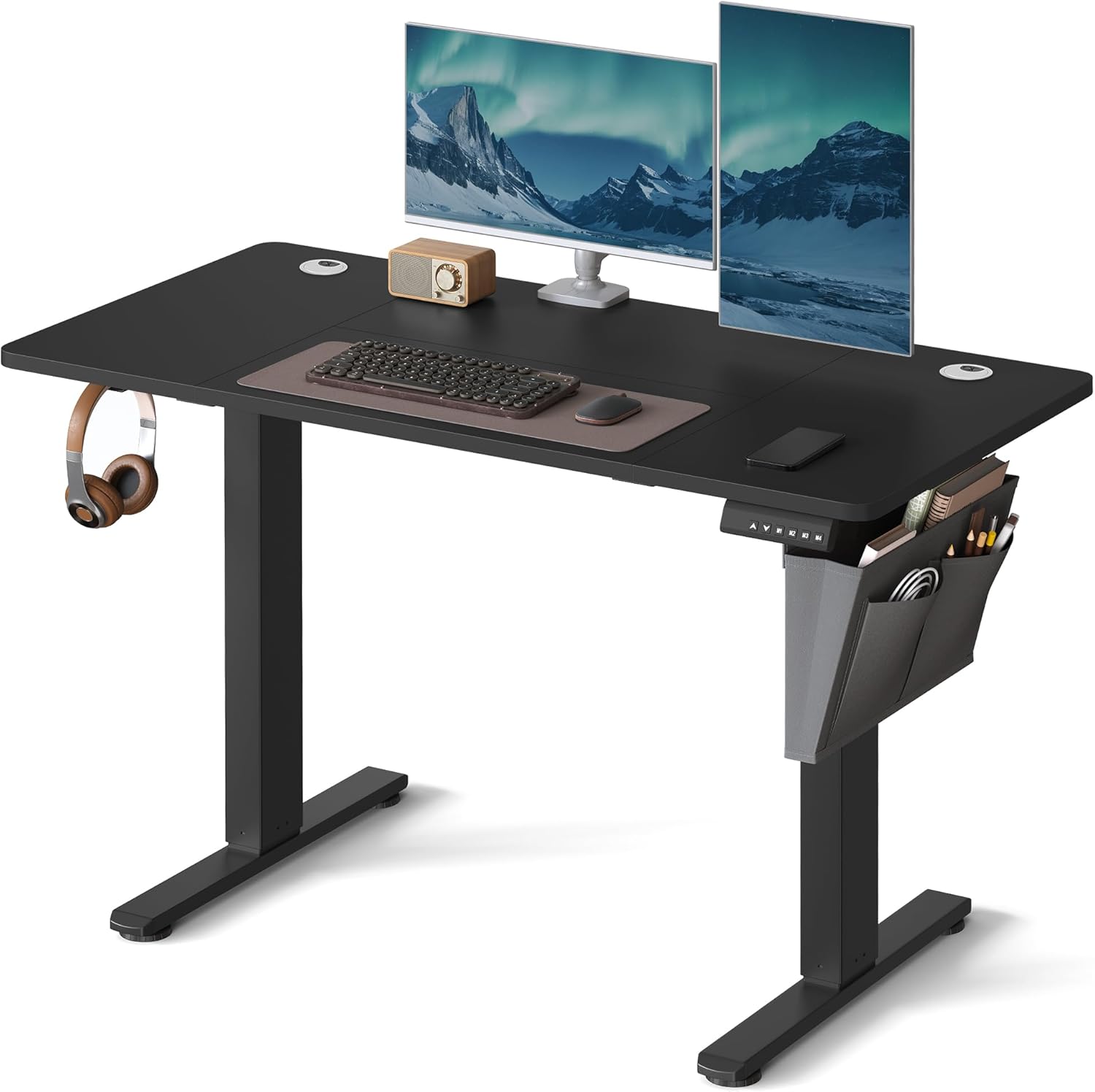 SONGMICS Elektriskt ståbord med sits, höjdjusterbart skrivbord, 140 x 60 x (72-120) cm, 4 förvaringshöjder, förvaringsväska för kontor, bläcksvart LSD134B01