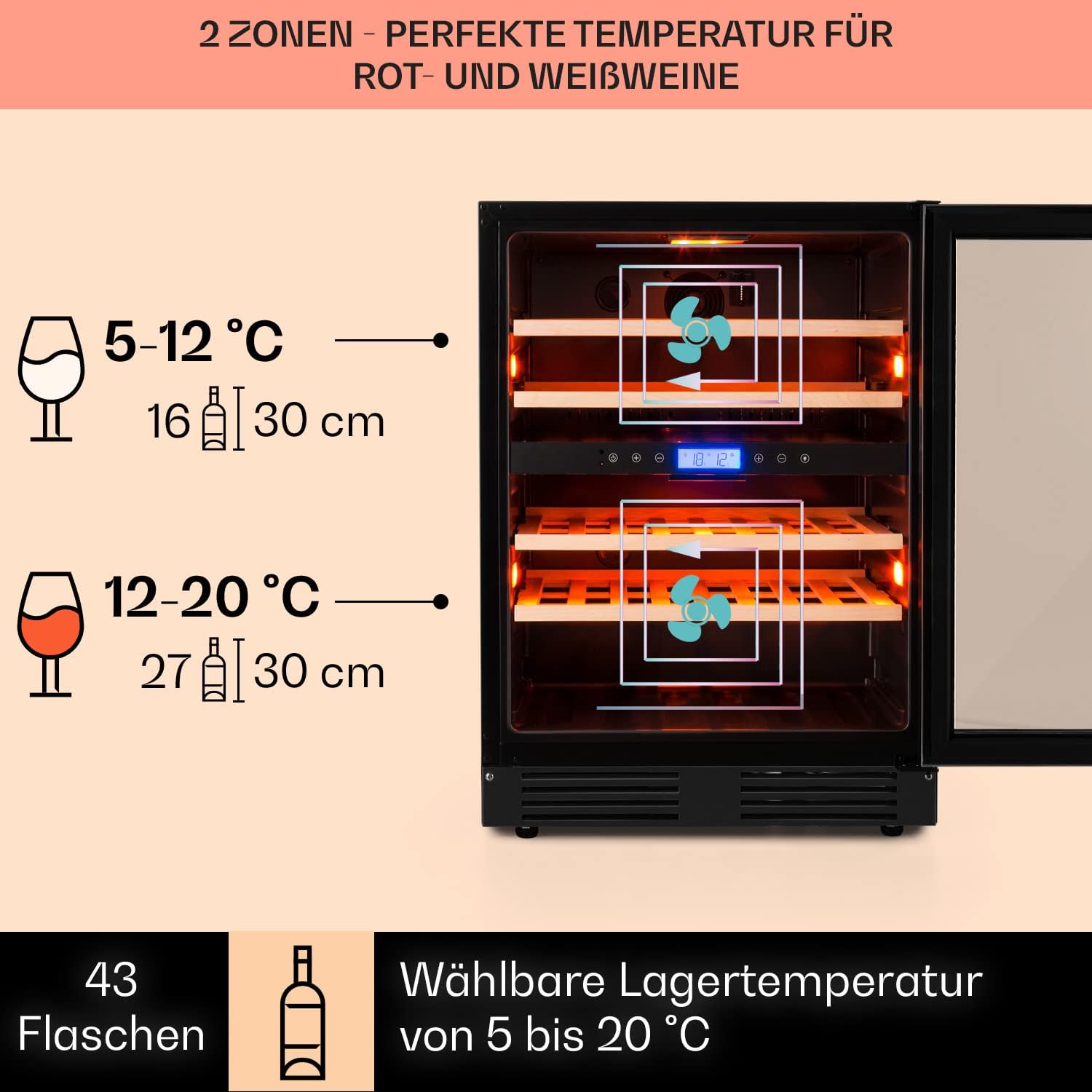 Klarstein Einbau-Weinkühlschrank, 2 Zonen Getränkekühlschrank Klein, Kleiner Weinschrank 129L, Wein-Kühlschrank Klein mit Glastür, Indoor/Outdoor Flaschenkühlschrank, Wine Fridge für 43 Flaschen