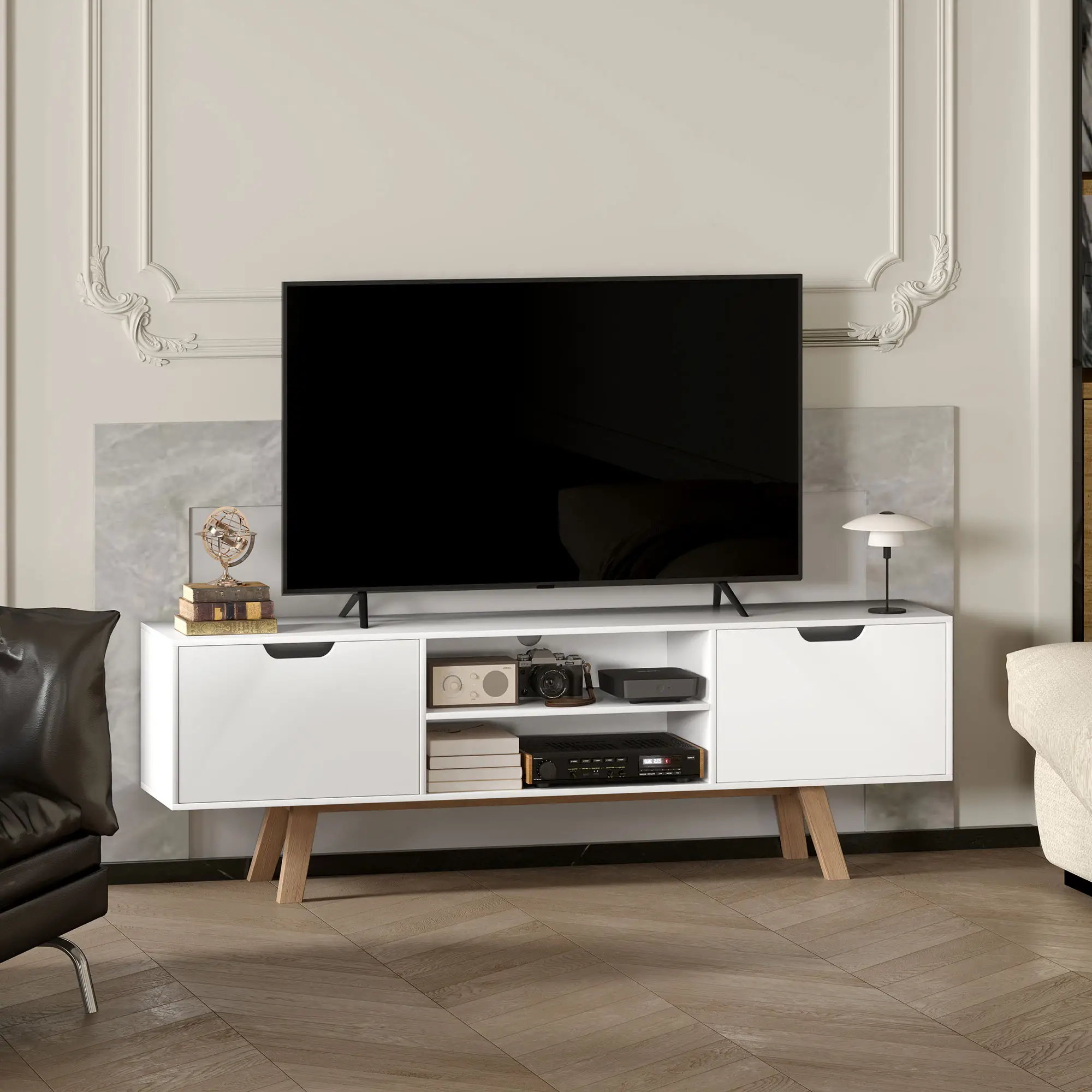 HOMCOM TV Lowboard 65 Zoll mit Kabelführung und 2 Schränken Weiß