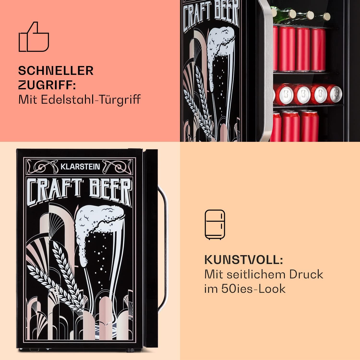 Klarstein Kühlschrank 70L, Kleiner Kühlschrank mit Herausnehmbaren Ablagen, Leiser Mini Kühlschrank mit Glastür & LED, Getränkekühlschrank Klein, Outdoor Geeignet, Biersafe für Flaschen, 0-10°C