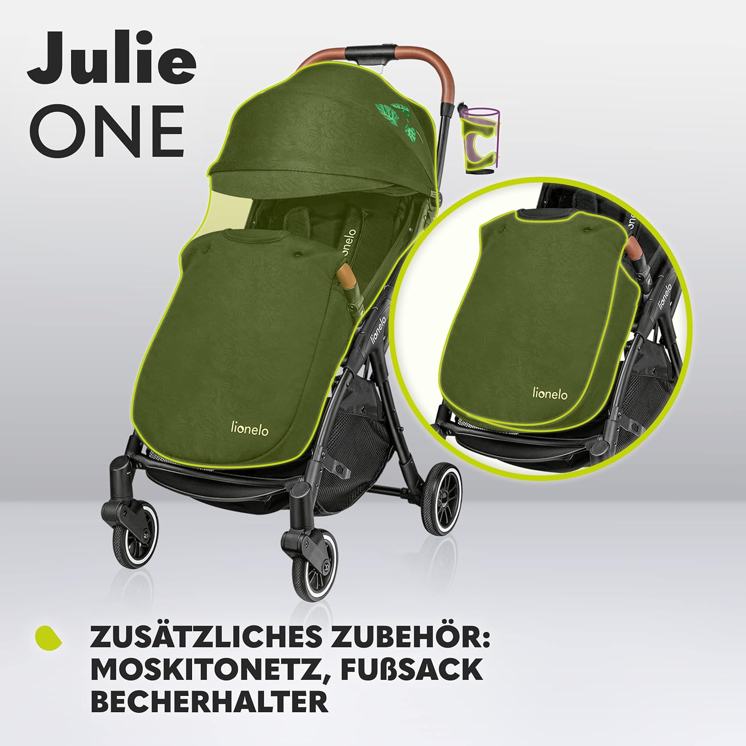 LIONELO Julie One Buggy Kinderwagen bis 22 kg, verstellbare Rückenlehne und Fußstütze, Moskitonetz, Beinwärmer, Getränkehalter und Transporttasche, zusammenklappbar
