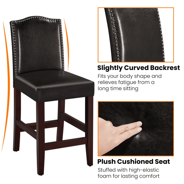 25.5 H Leather Counter Height Bar Stools Fullback, 2pcs, Brown
