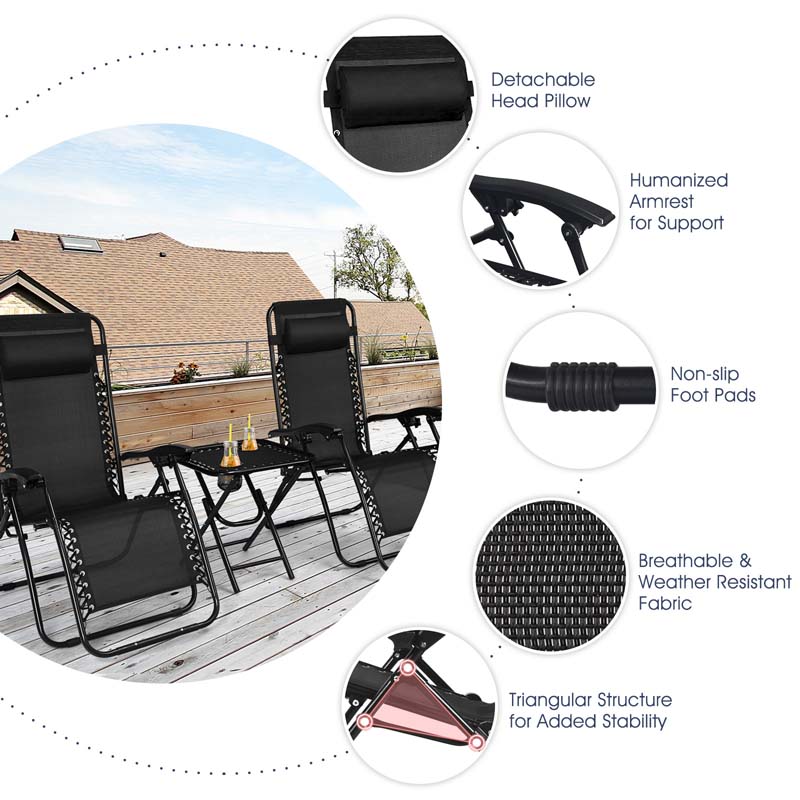 Eletriclife 3 Pieces Folding Portable Zero Gravity Reclining Lounge Chairs Table Set