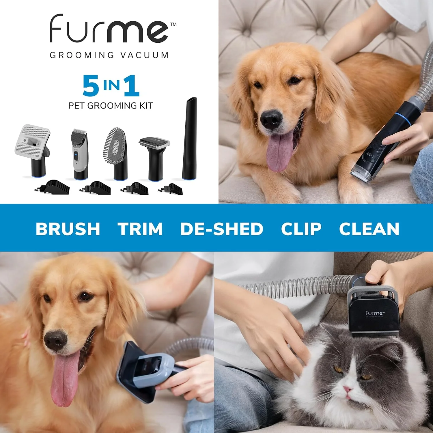 Professional Plus Pet Grooming Vacuum Kit, 5 Pet Grooming Tools, 2L Canister, Works for All Dogs, Cats, and Pet Fur
