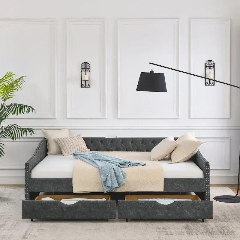 Upholstered Tufted Queen Size Daybed Sofa Bed with Storage Drawers