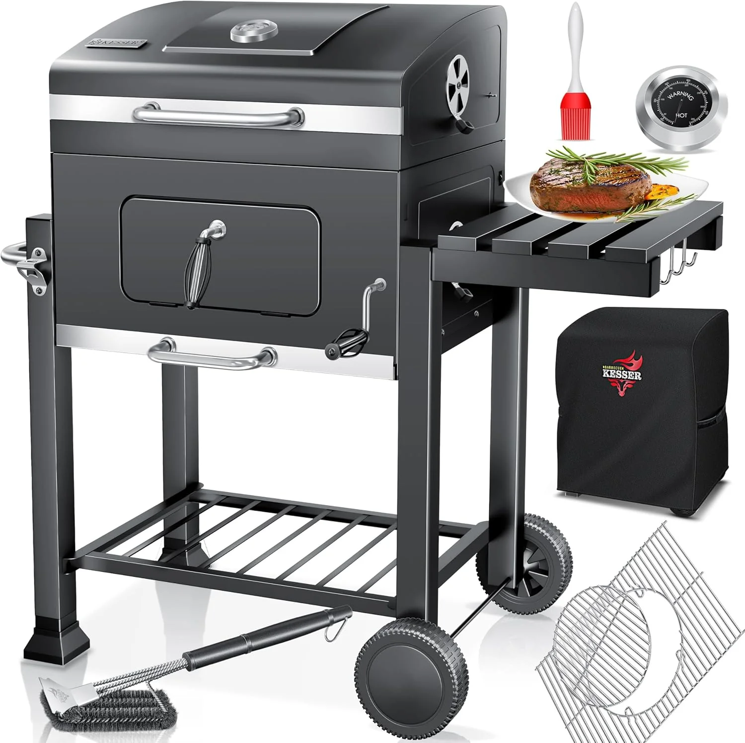 KESSER® Charcoal Grill with Grill Cart with Lid, Wheels, Stainless Steel Handle | Barbecue and Thermometer Charcoal Large BBQ Grill Camping Terrace Garden XXL Black