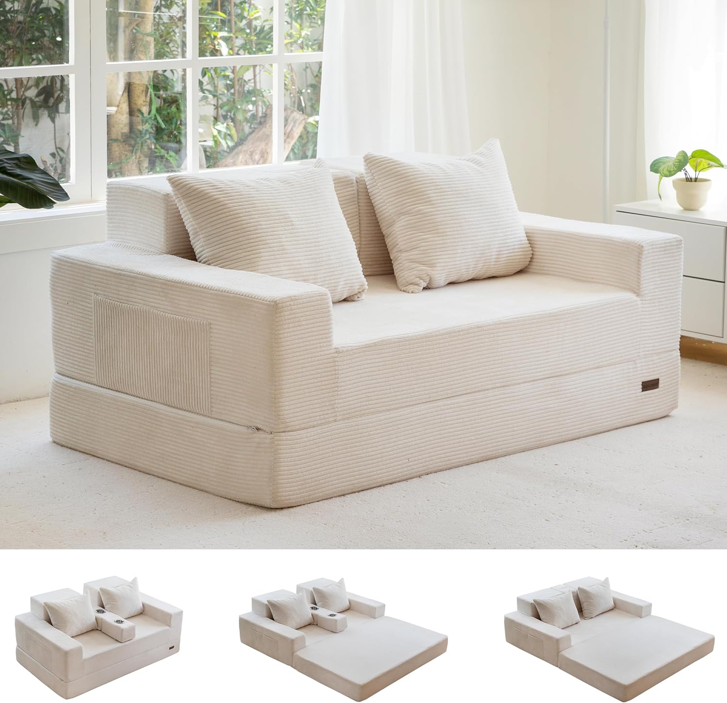 MAXYOYO Hopfällbar bäddsoffa i manchester, bäddsoffa med mugghållare och kudde, lata kompressionssoffa för vardagsrum, sovrum, gästrum