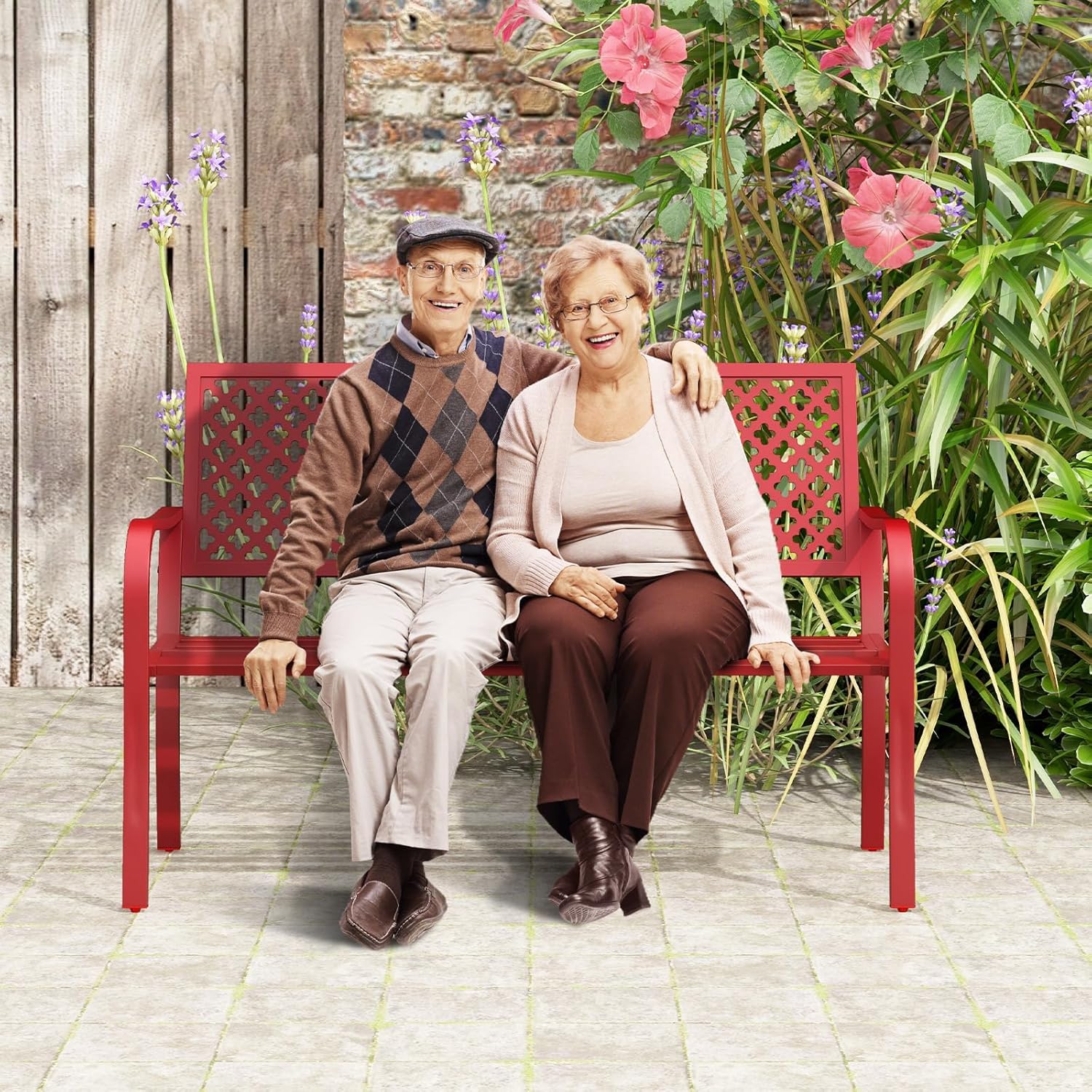 COSTWAY Gartenbank Metall, wetterfeste Sitzbank für 2-3 Sitzer, Parkbank mit Rückenlehne & Armlehne, Metallbank bis 300 kg belastbar, Eisenbank für Garten, Terrasse, Balkon, 127 x 62 x 86 cm (Rot)