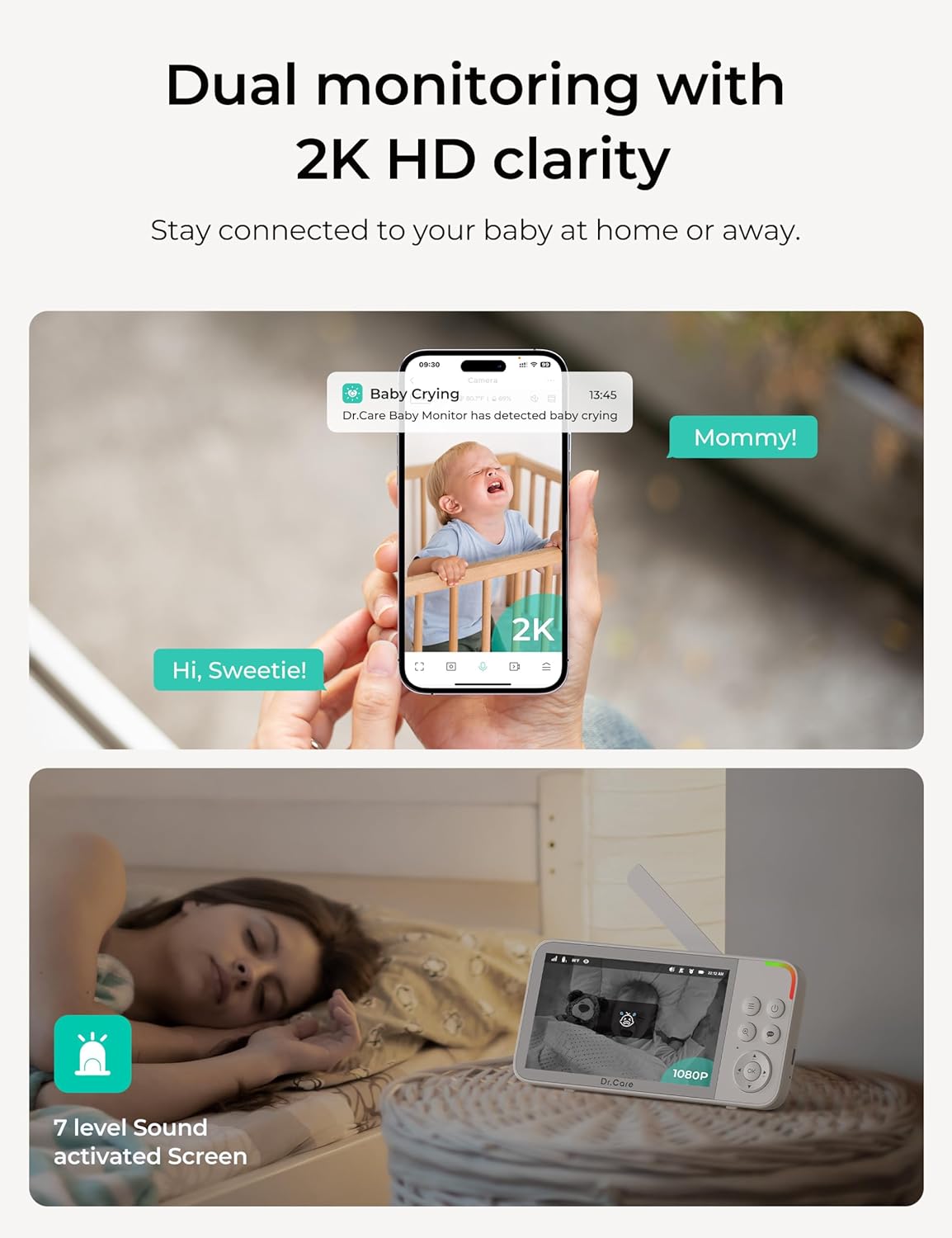 Dr.Care VistaView Smart WLAN Babyphone mit 2 Kameras, 5” 1080P HD, 2K Kamera, App-Steuerung, Bewegungs- & Weinen-Alarm, Nachtsicht, 5000mAh, Zwei-Wege-Audio, 390m Reichweite