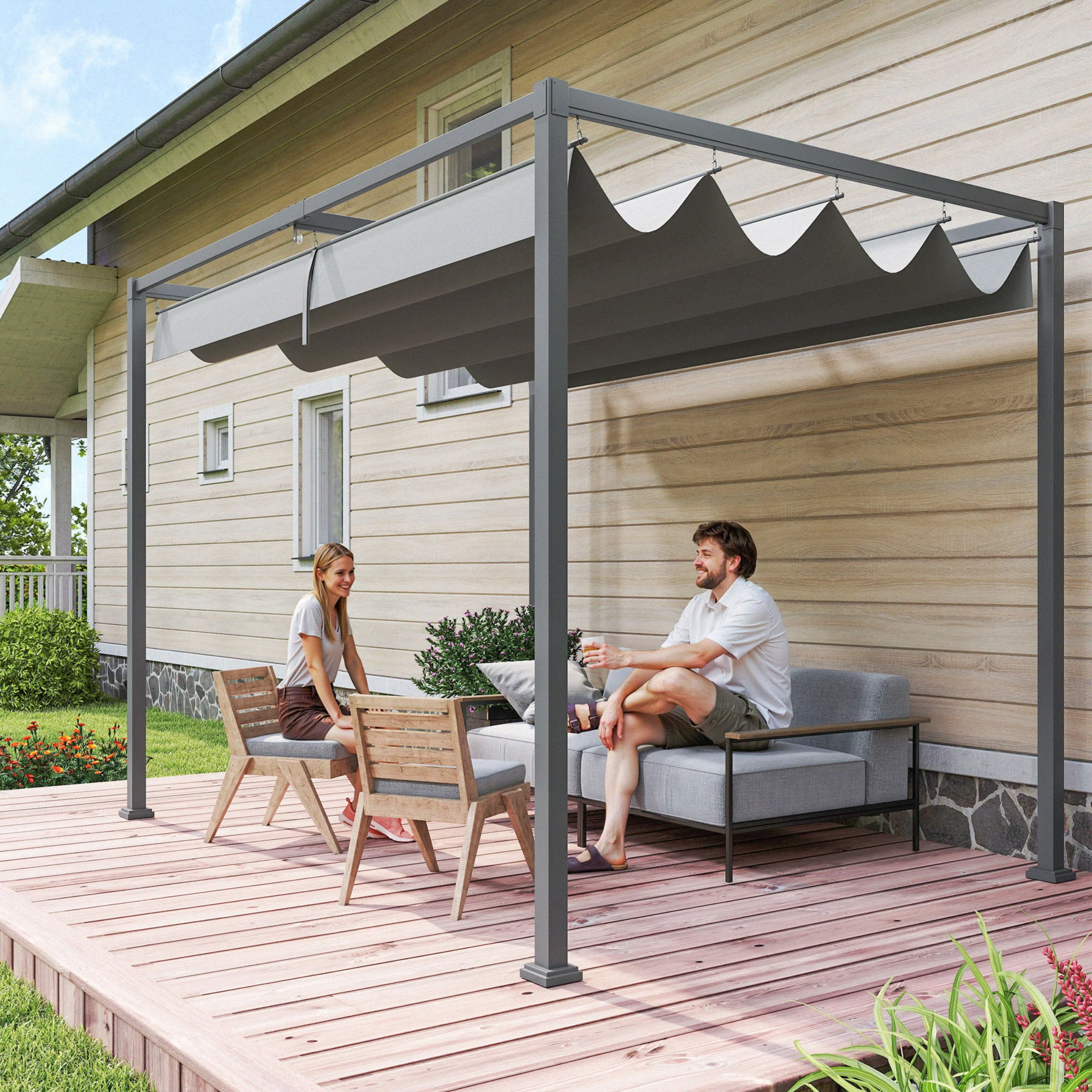 Outsunny Pergola Zonwering 300x200 cm, UV- en Waterbestendig, Grijs