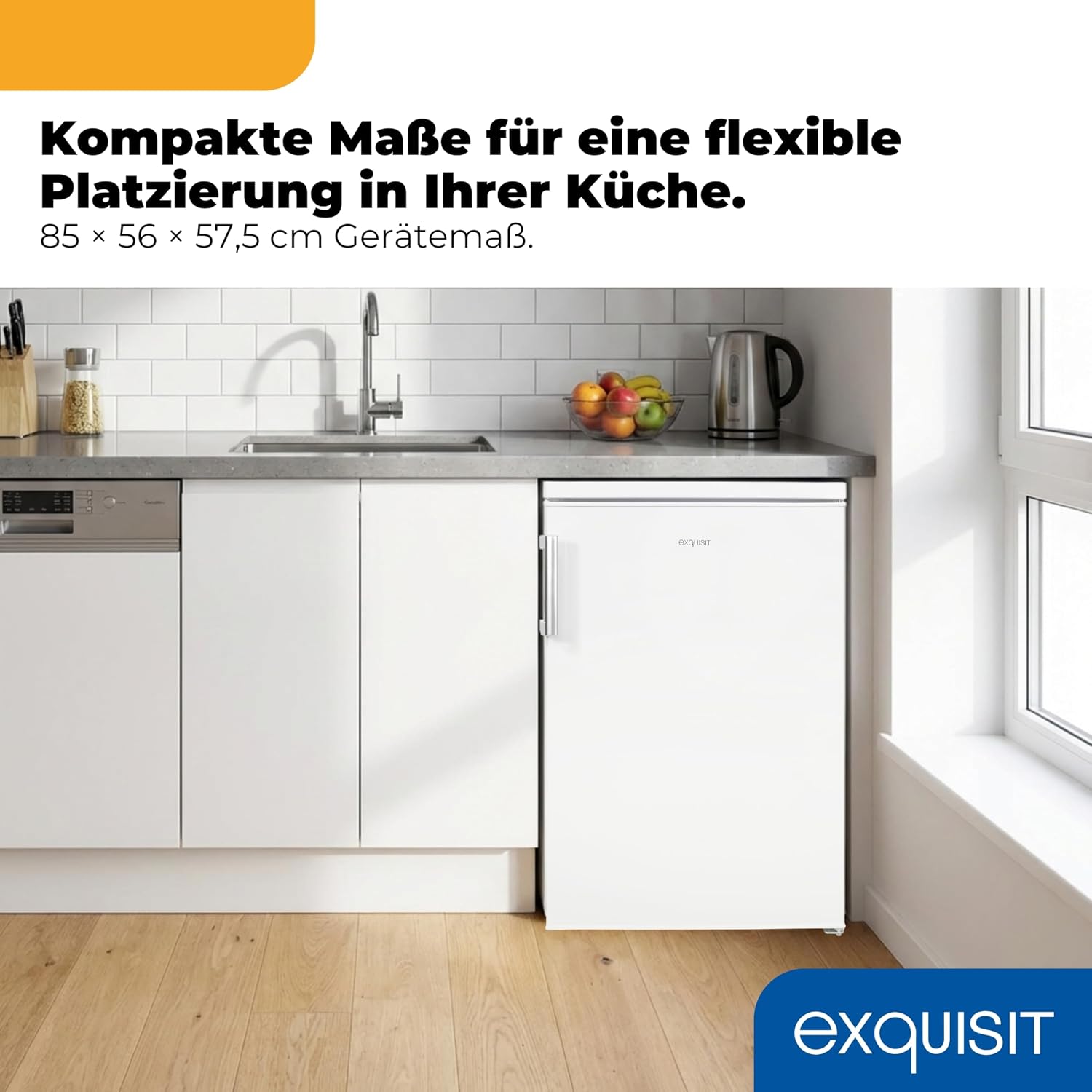 Exquisit Vollraumkühlschrank | 133 l Nutzinhalt, Energieklasse E, 40 dB(A) | kompakte Bauform, LED-Innenbeleuchtung, manuelle Temperaturregelung, Flaschenfach, Gemüseschublade | KS516-V-H-010E weiss