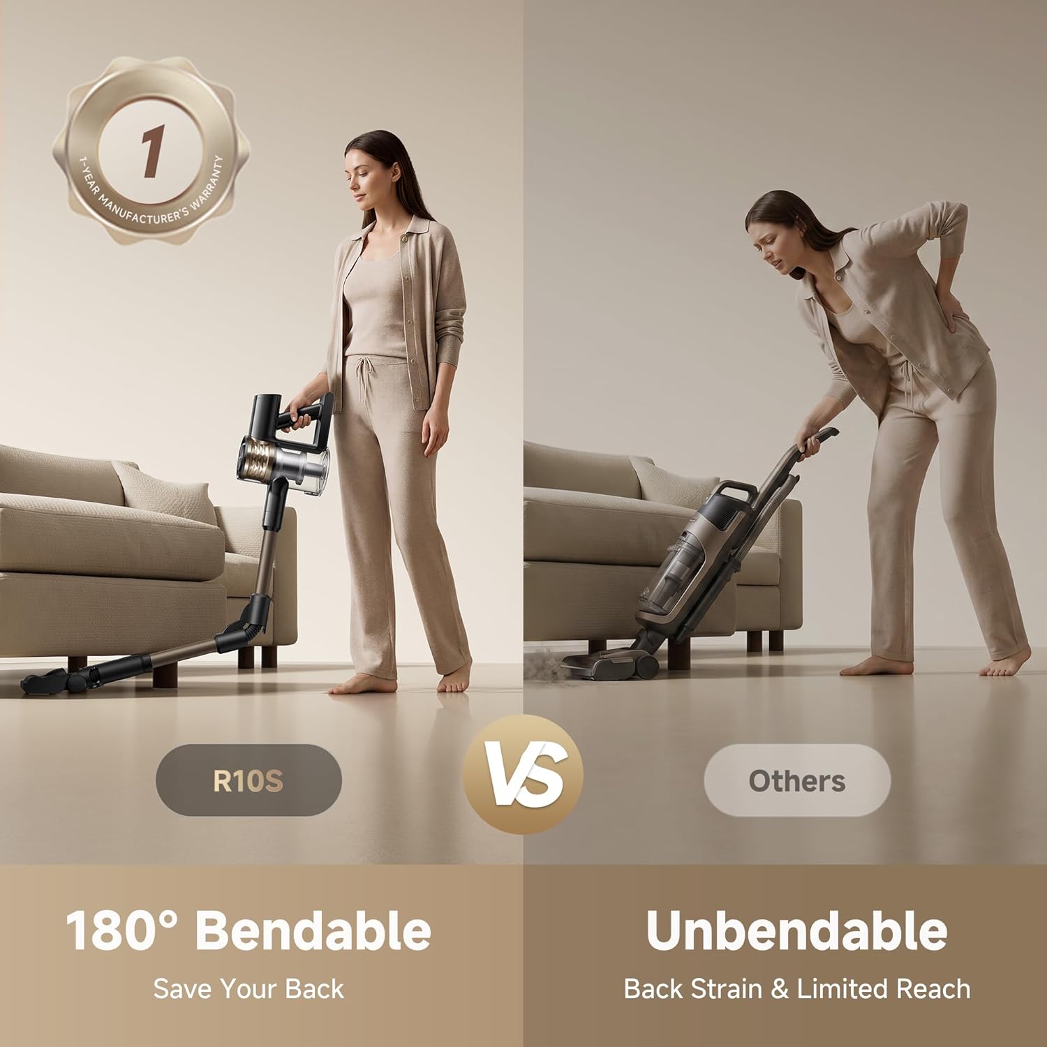 DREAME R10S Cordless Stick Vacuum with 180�� Bendable Rod, Reaches Deep Under Beds & Furniture, 250W Suction, Up to 45-Minute Runtime, LED Headlight, for Hard Floors & Carpet