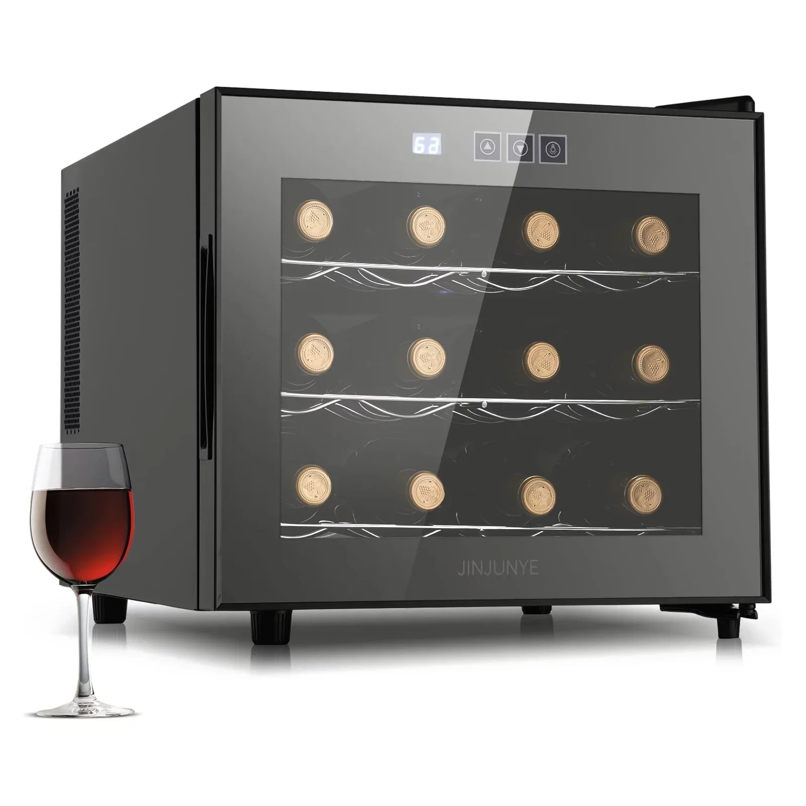 2025 Nevera para vino JINJUNYE, enfriador compacto para 12 botellas, mini bodega de mostrador con control de temperatura, nevera para vino independiente con puerta de vidrio para el hogar, oficina, bar, regalo para hombres